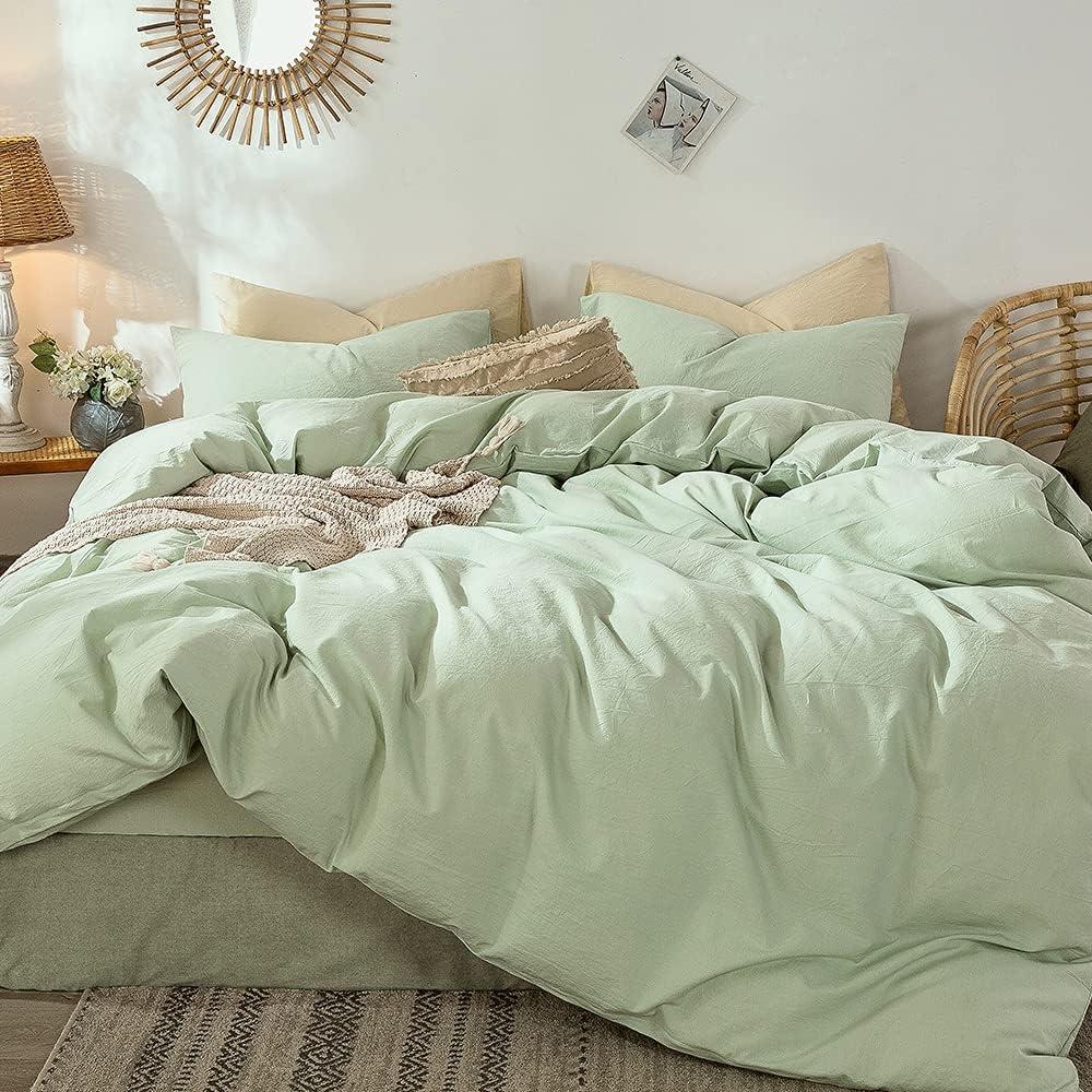 Sage Green King Linen-Like Cotton Duvet Cover Set