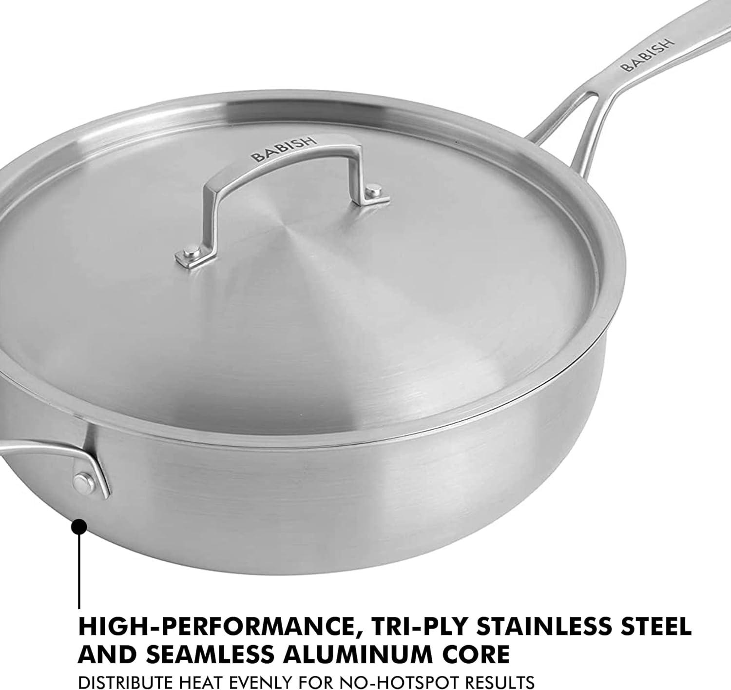 Babish 5-Quart Tri-Ply Stainless Steel Saute Pan with Lid