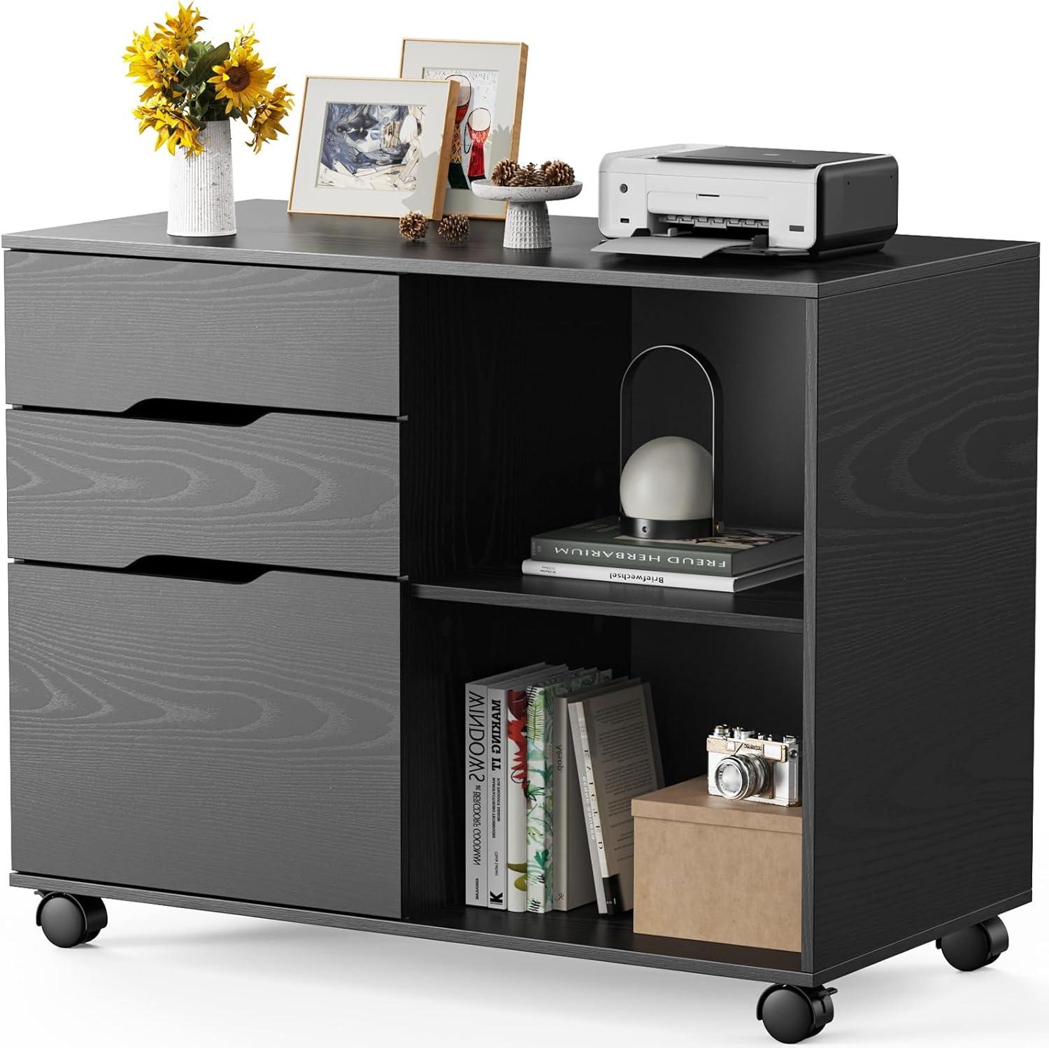 EDX 3 Drawer File Cabinet with Wheels, Rolling Wood Printer Stand and Open Storage Shelves for Home Office, Black