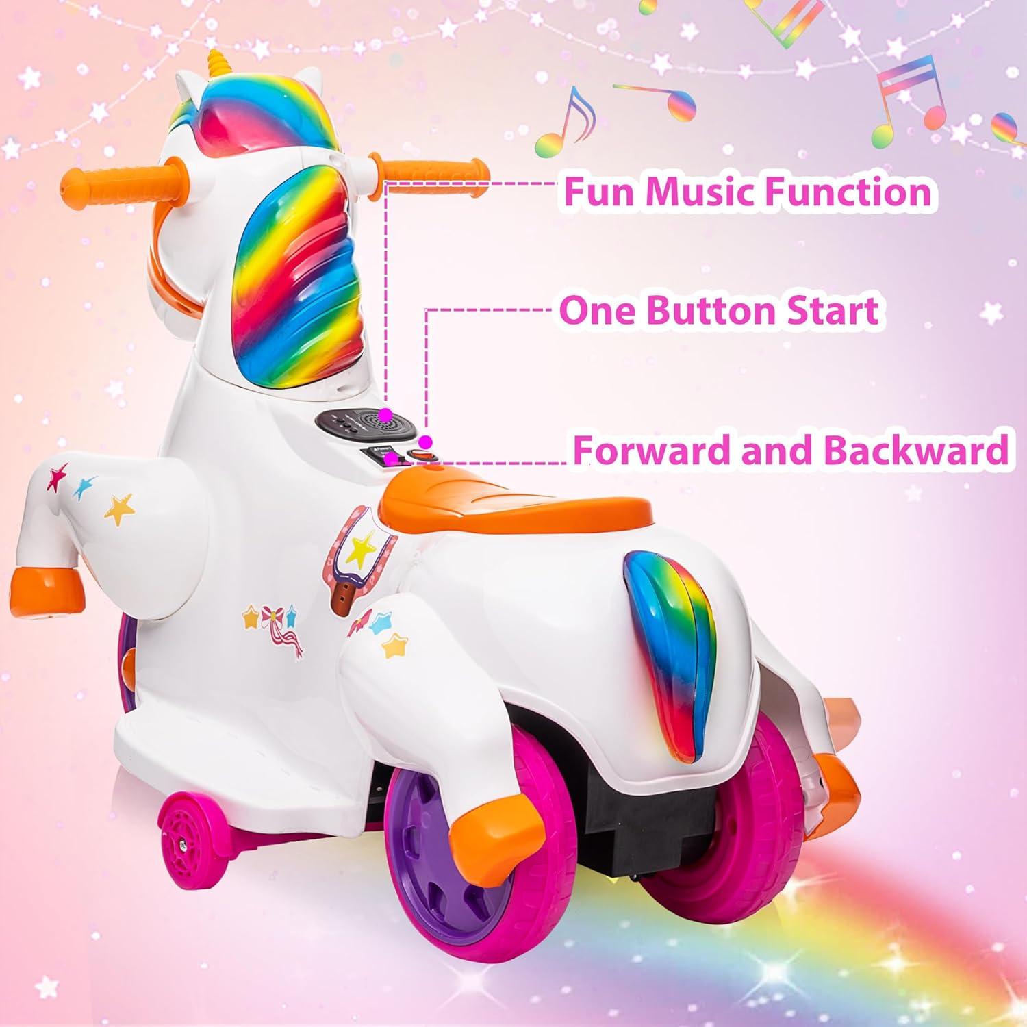 6V Multicolor Electric Unicorn Ride-On Toy with Music