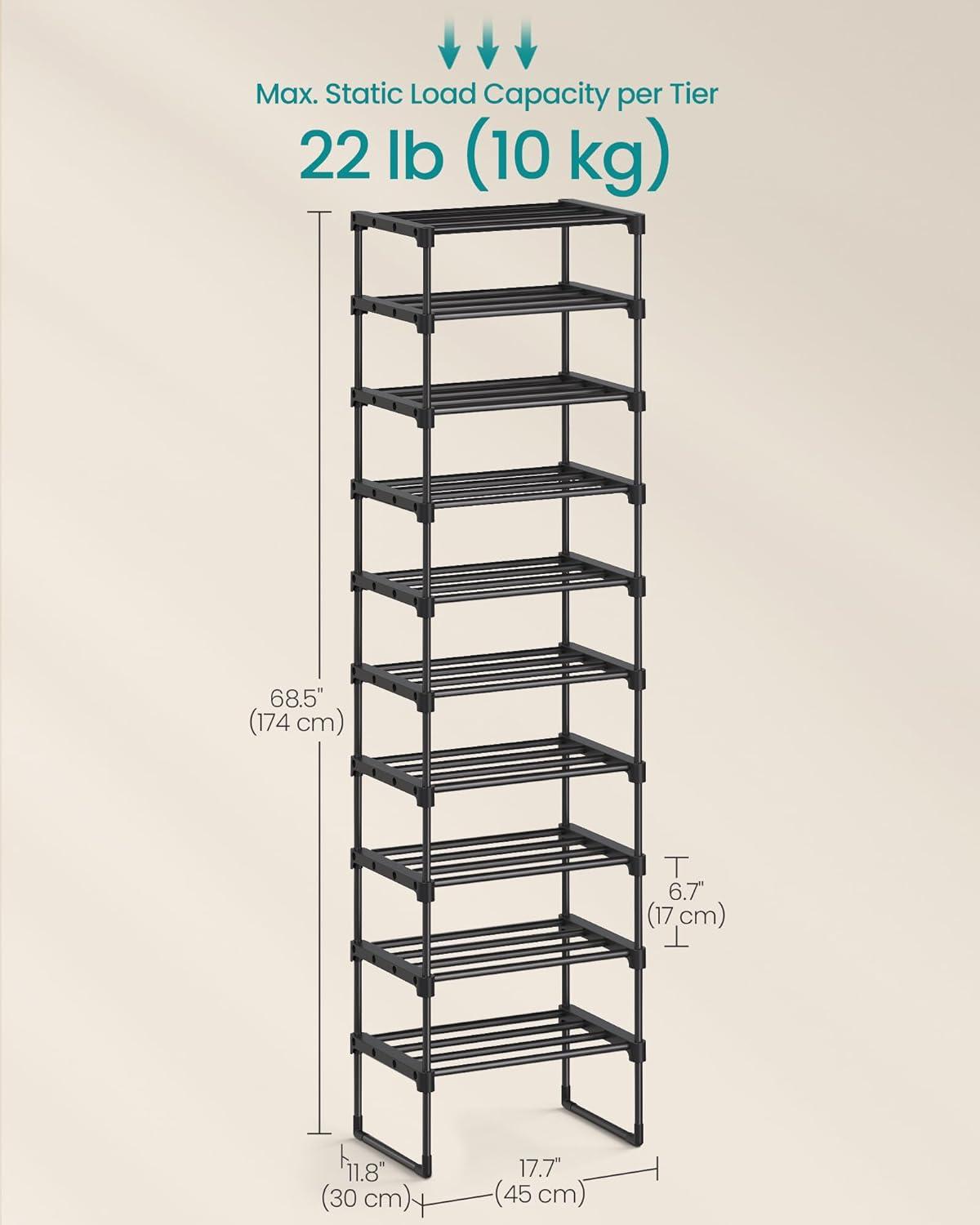 Shoe Rack, 10 Tier Shoe Organizer, Metal Shoe Storage Shelf for 20 Pairs of Shoes, Easy to Assemble, Entryway
