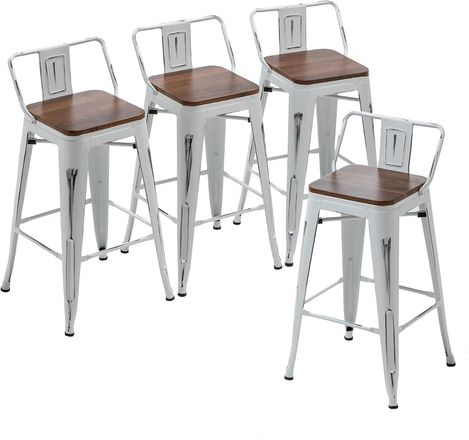 Set of 4 White Metal Bar Stools with Wooden Seats