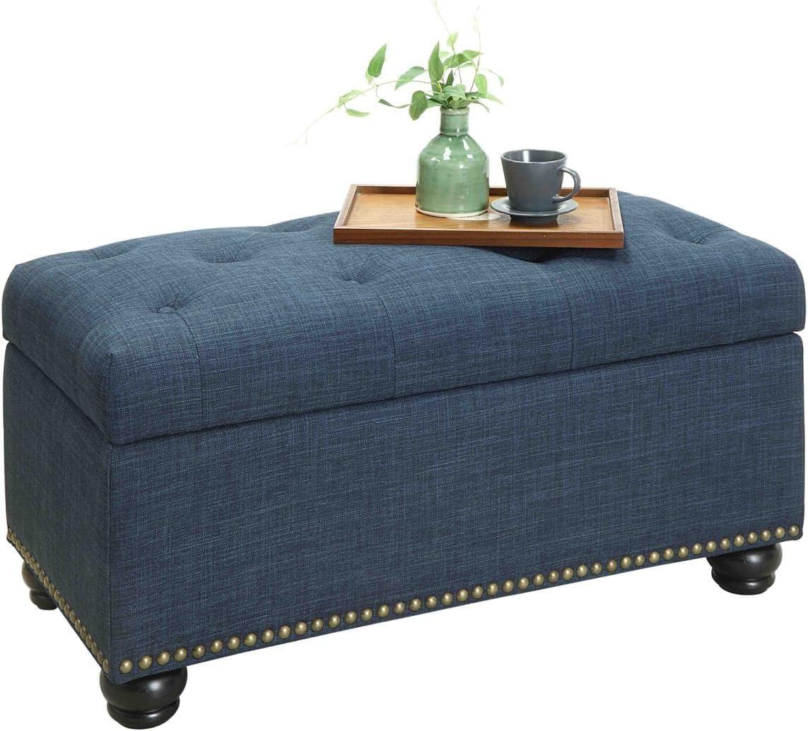 Elegant Blue Velvet Tufted Footstool with Nailhead Trim and Storage