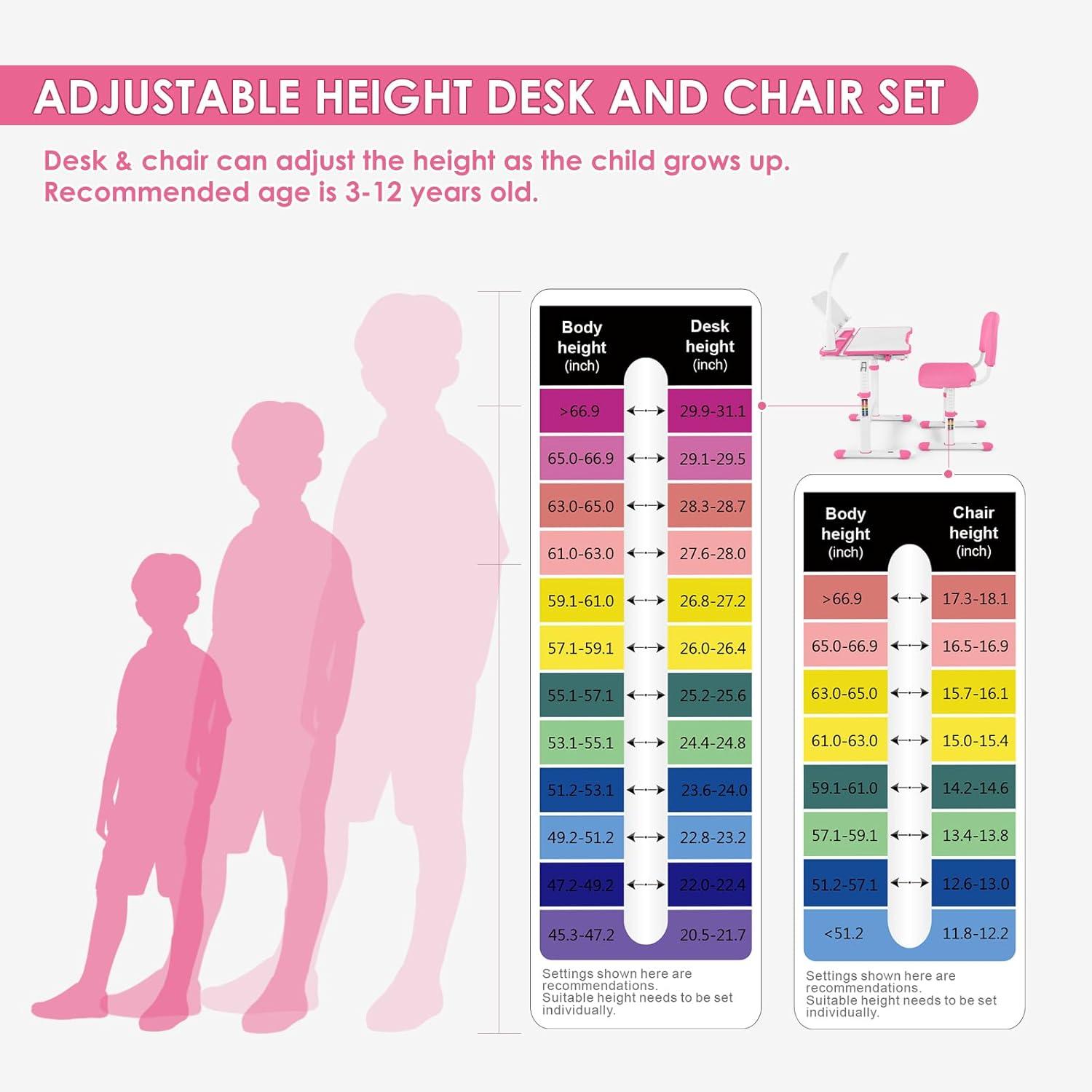 Artist hand Kids Study Table and Chair Set,Adjustable Girls School Writing Study Table,with Large Writing Board LED Pull Out Drawer Pencil Case Bookstand