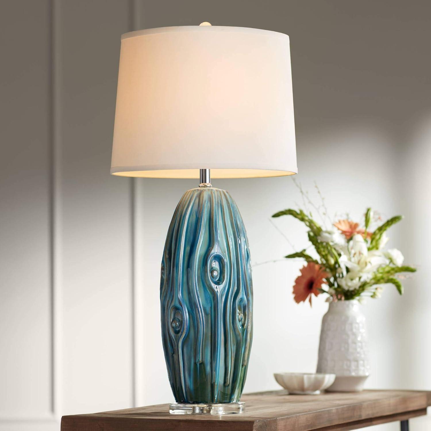 31" Blue Green Ceramic Coastal Table Lamp with Neutral Shade