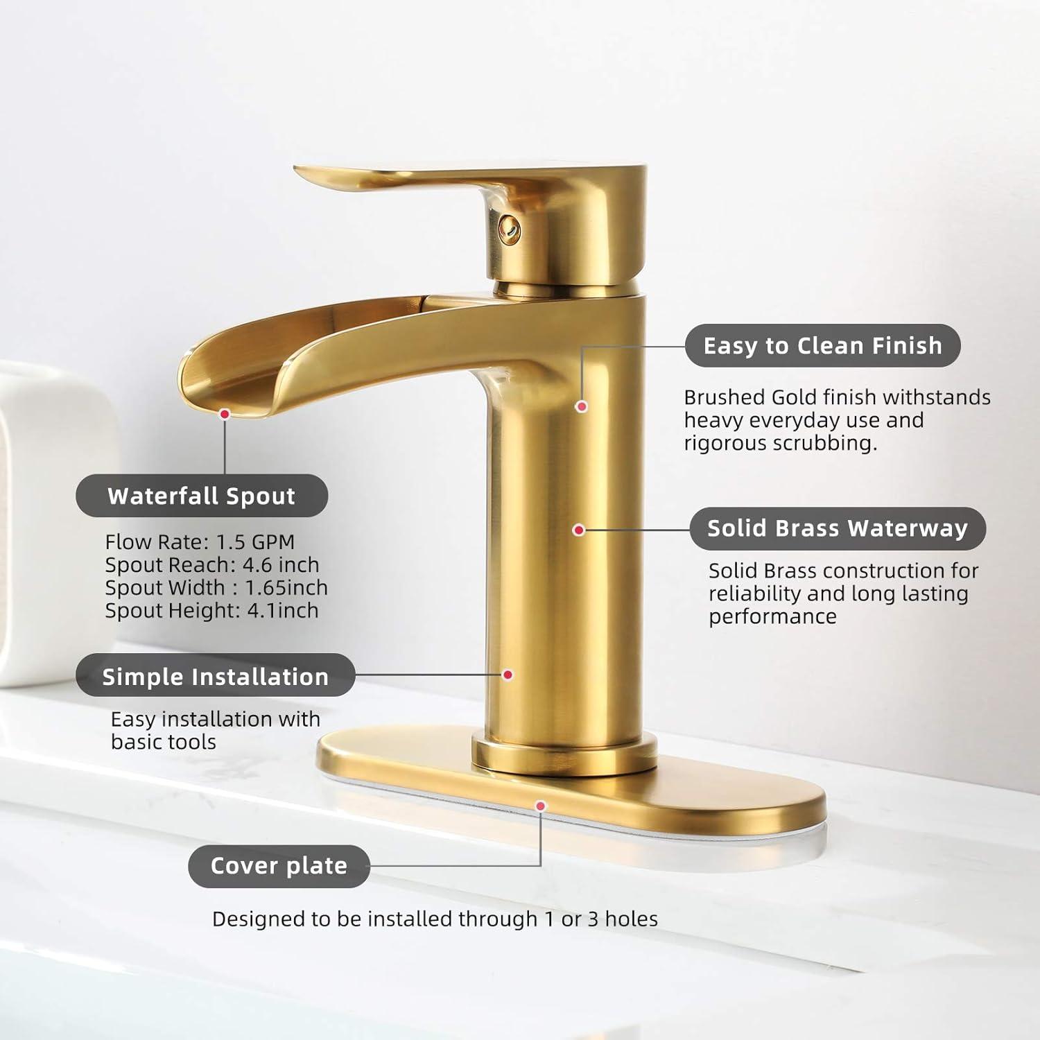 Brushed Gold Brass Waterfall Spout Single-Handle Bathroom Faucet