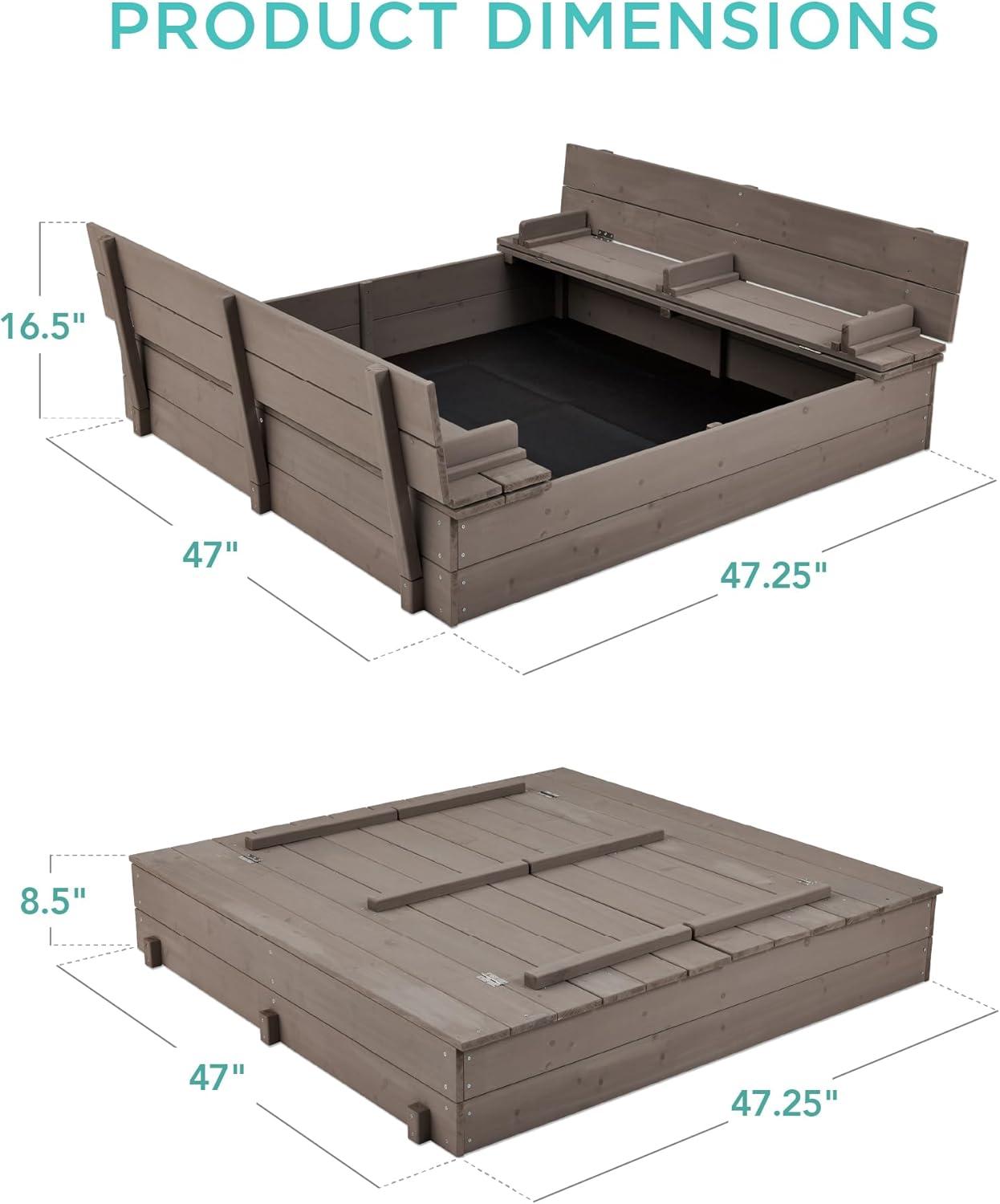 Gray Cedar Wood Kids Outdoor Sandbox with Foldable Bench Seats