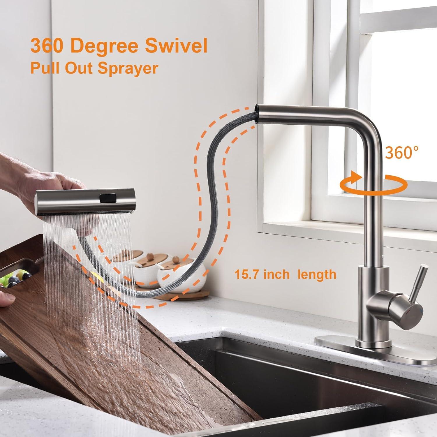 Luxury Waterfall Kitchen Faucet - Brushed Nickel Single Hole Sink Faucet with 3-Mode Pull-Out Sprayer, 360° Swivel, SUS304 Stainless Steel, High Arc, Easy Installation, Durable and Corrosion-Resistant