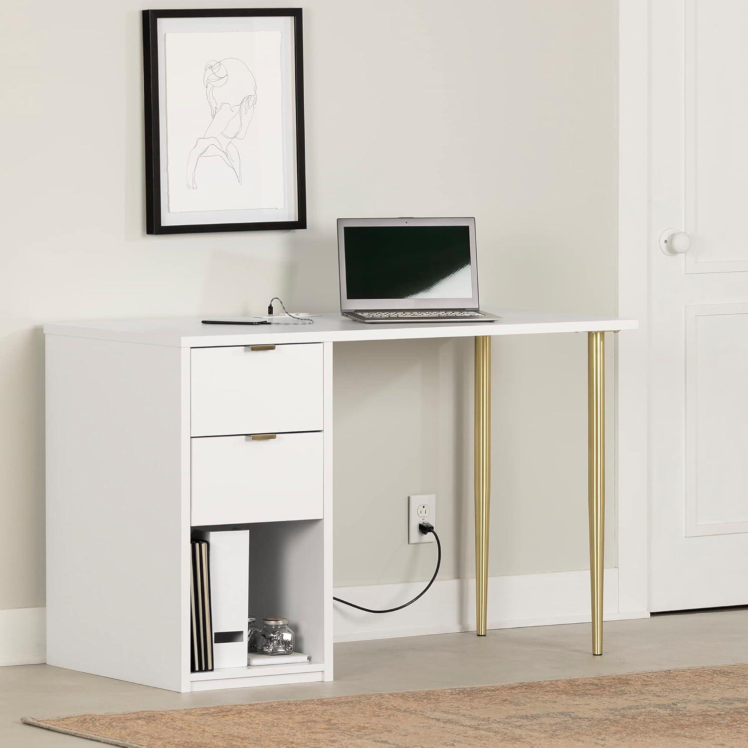 Amyra Computer Desk Pure White - South Shore: Laminated Workstation with Storage, Meets ASTM Standards