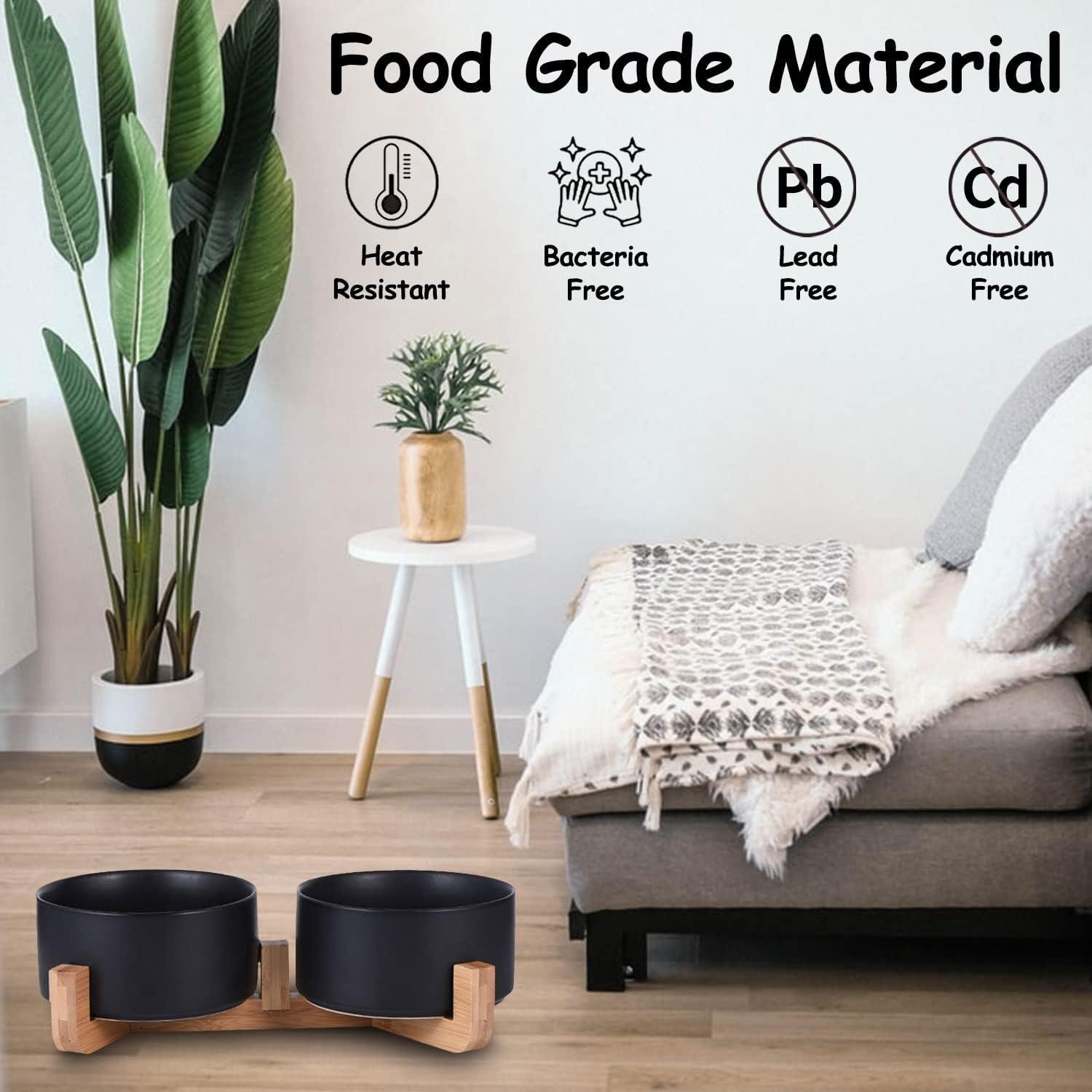 Pet Bowls,Ceramic Cat Dog Bowl Set with Wood Stand for Food and Water,Non-Slip Cute Pet Bowls