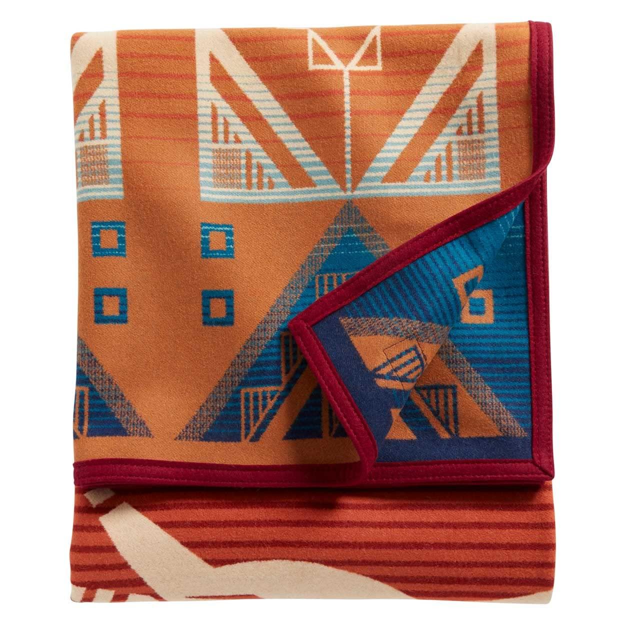 Twin Size Red and Blue Wool Blanket with Geometric Patterns