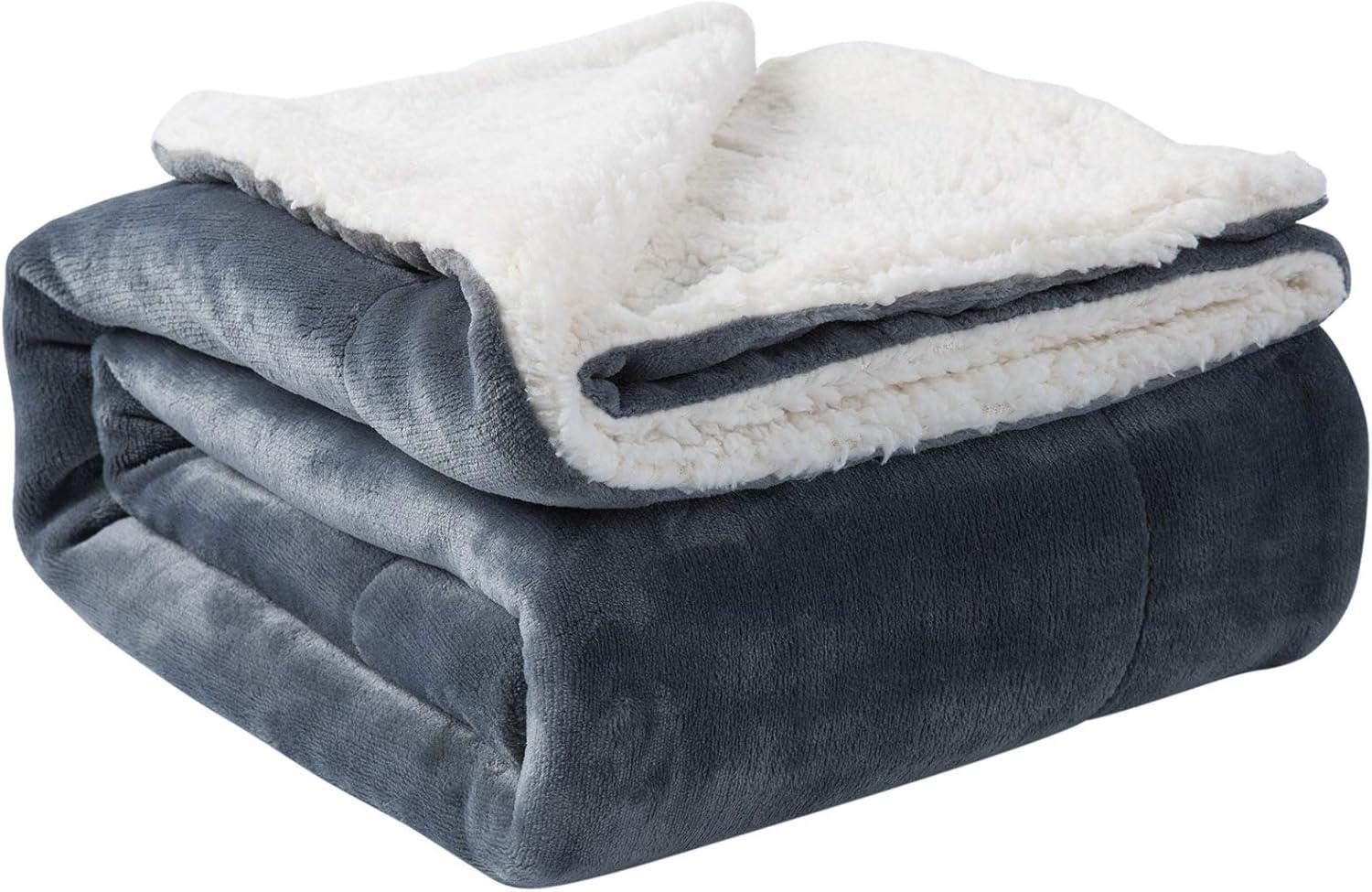 Gray and White Reversible Sherpa Fleece Throw Blanket