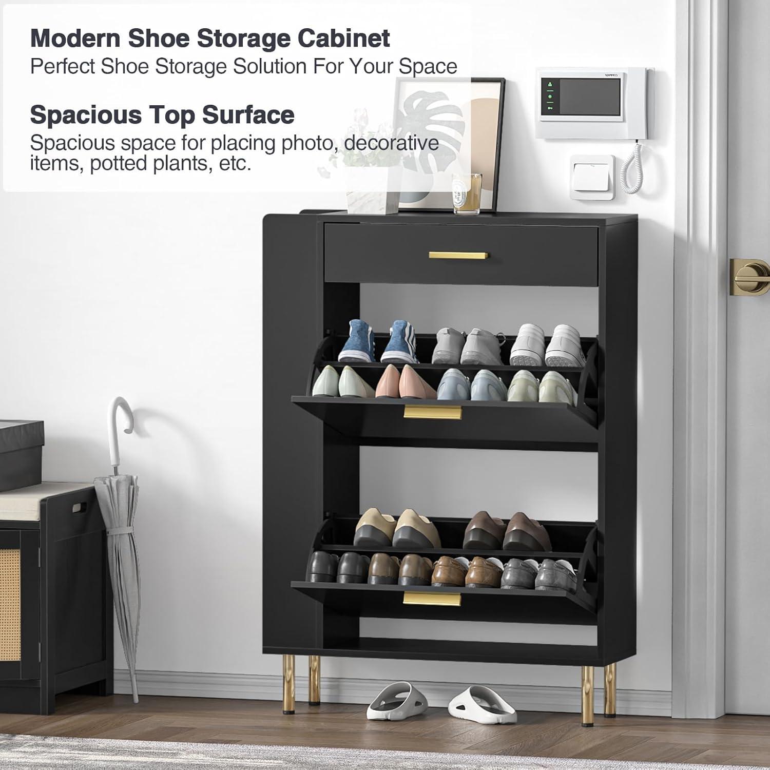 Shoe Cabinet Storage for Entryway  Freestanding Slim Shoe Organizer Cabinet with 2 Flip Drawers  Narrow Shoe Rack with Open Shelves for Hallway  Living Room  White