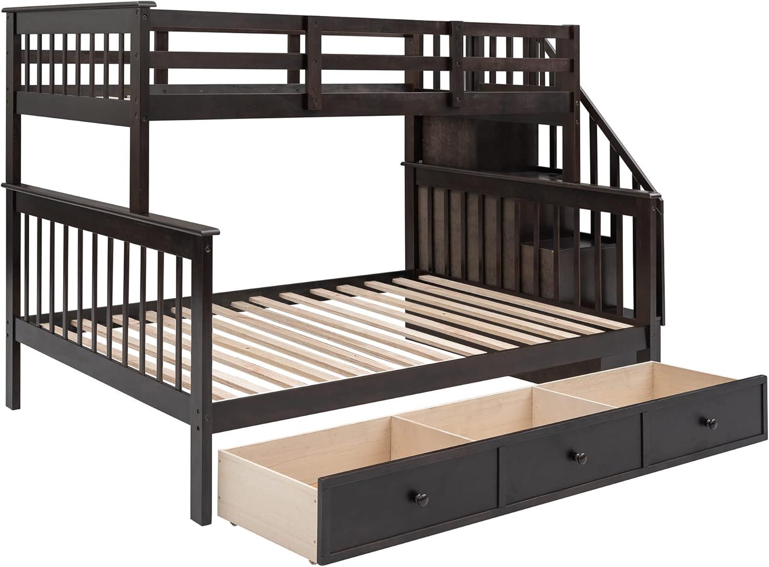 Twin Over Full Bunk Bed Frame With Storage Drawers, Shelves, Guardrails and Stairs for Kids, Teens and Adults - Espresso