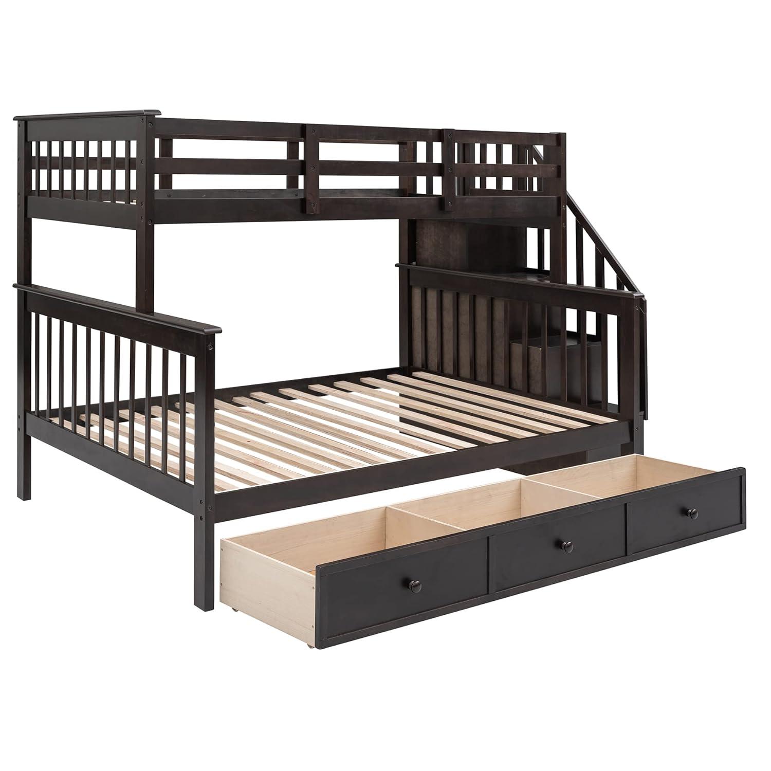 Twin Over Full Bunk Bed Frame With Storage Drawers, Shelves, Guardrails and Stairs for Kids, Teens and Adults - Espresso