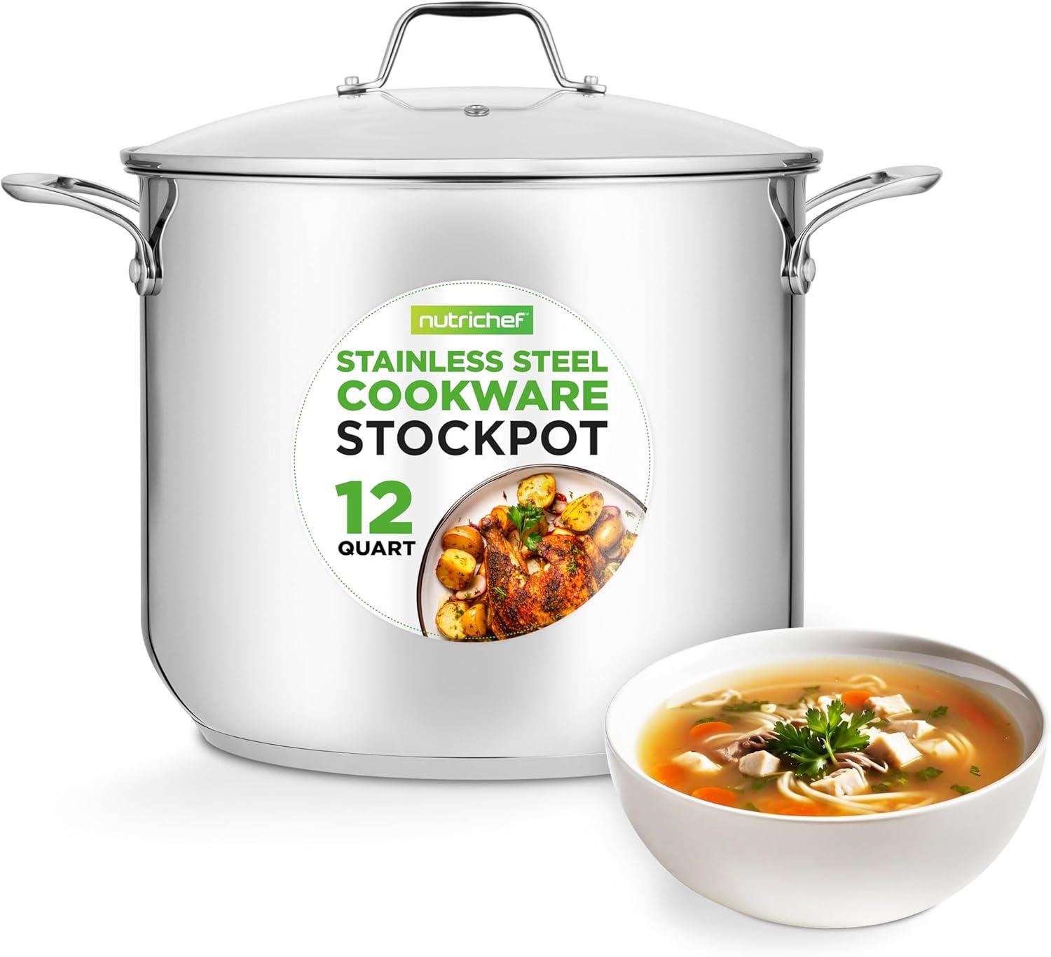 NutriChef 12-Quart Stainless Steel Stock Pot with Glass Lid