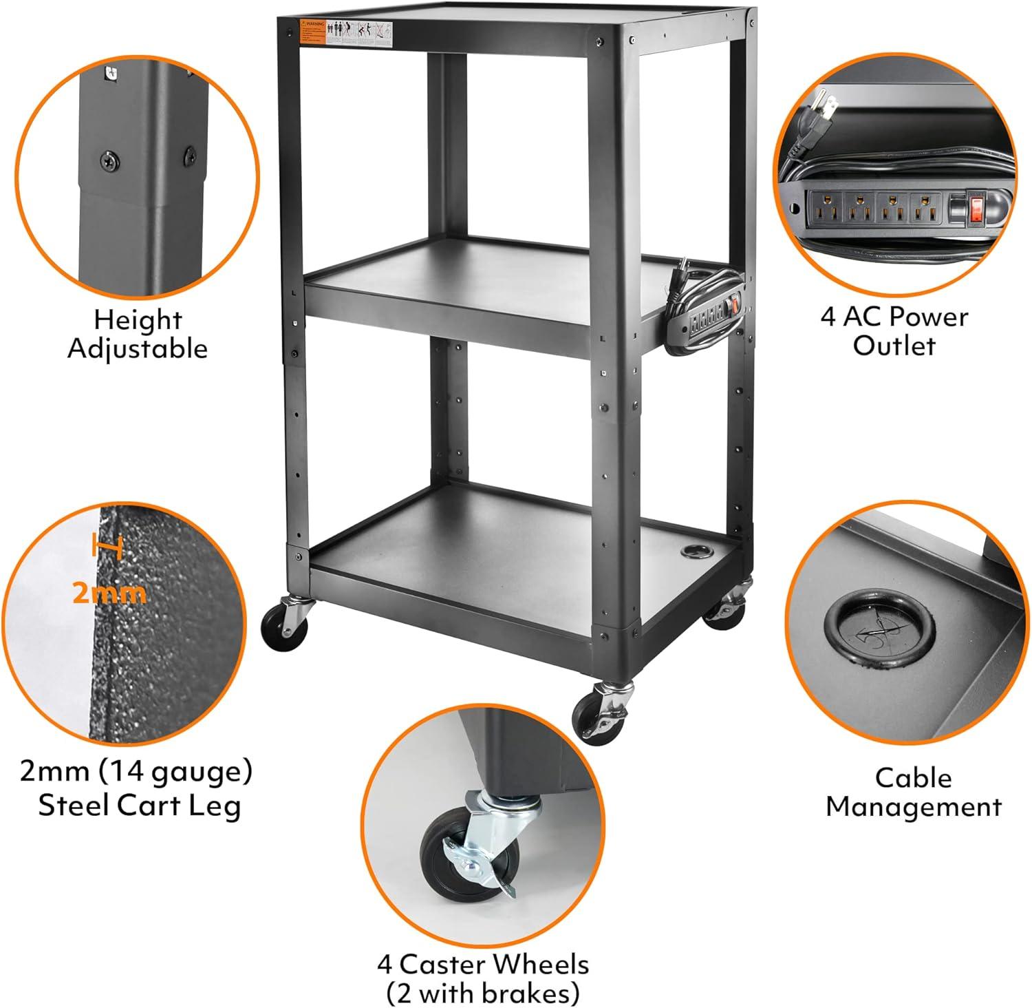 POCHAR Height Adjustable Metal Construction AV Cart - Supports up to 300 lbs