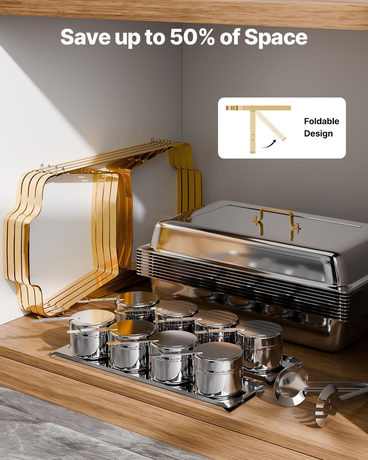 VEVOR Chafing Dish Buffet Set, 8 Qt 4 Pack, Stainless Steel Chafer with 2 Full Size and 4 Half Size Pans, Rectangle Catering Warmer Server with Lid Water Pan Stand, for Weddings Parties Banquets, Gold