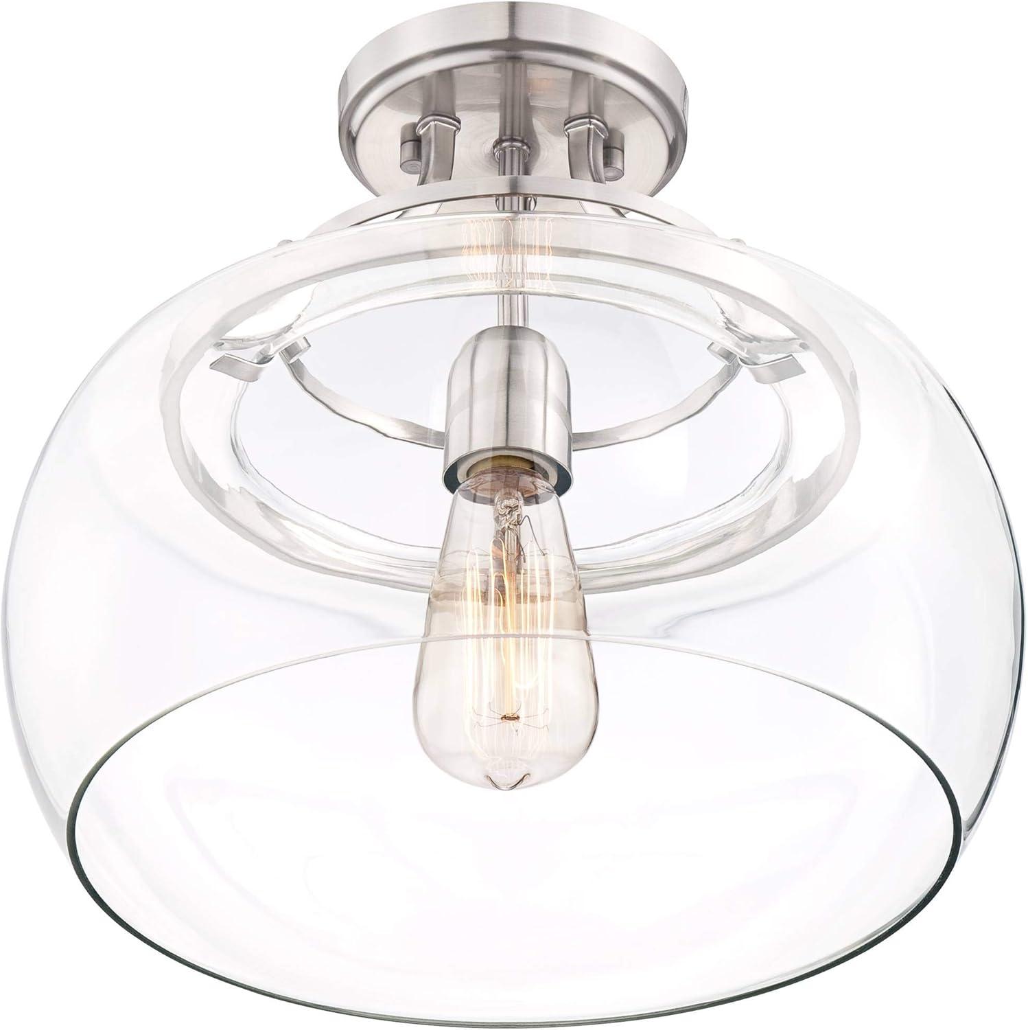 Franklin Iron Works Charleston Modern Industrial Ceiling Light Semi Flush Mount Fixture 13 1/2" Wide Brushed Nickel LED Clear Glass Shade for Bedroom