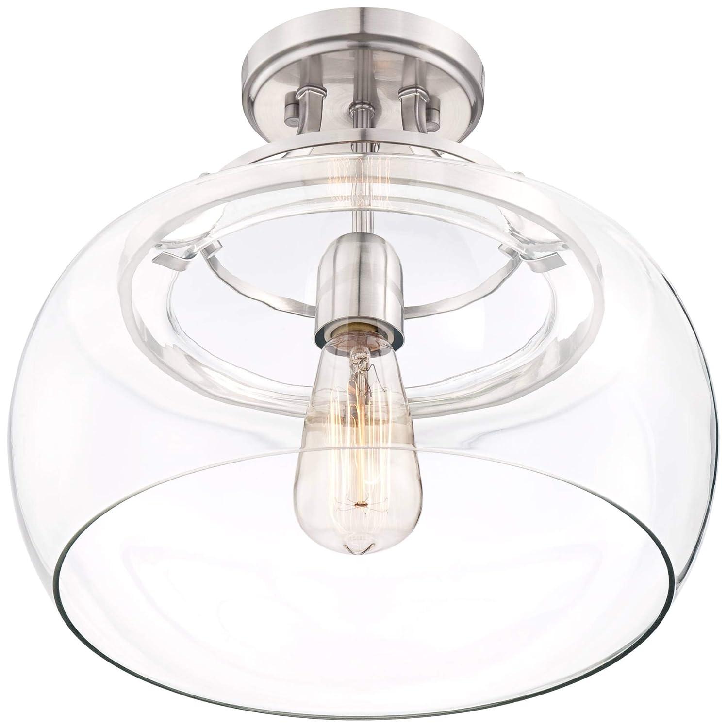 Franklin Iron Works Charleston Modern Industrial Ceiling Light Semi Flush Mount Fixture 13 1/2" Wide Brushed Nickel LED Clear Glass Shade for Bedroom