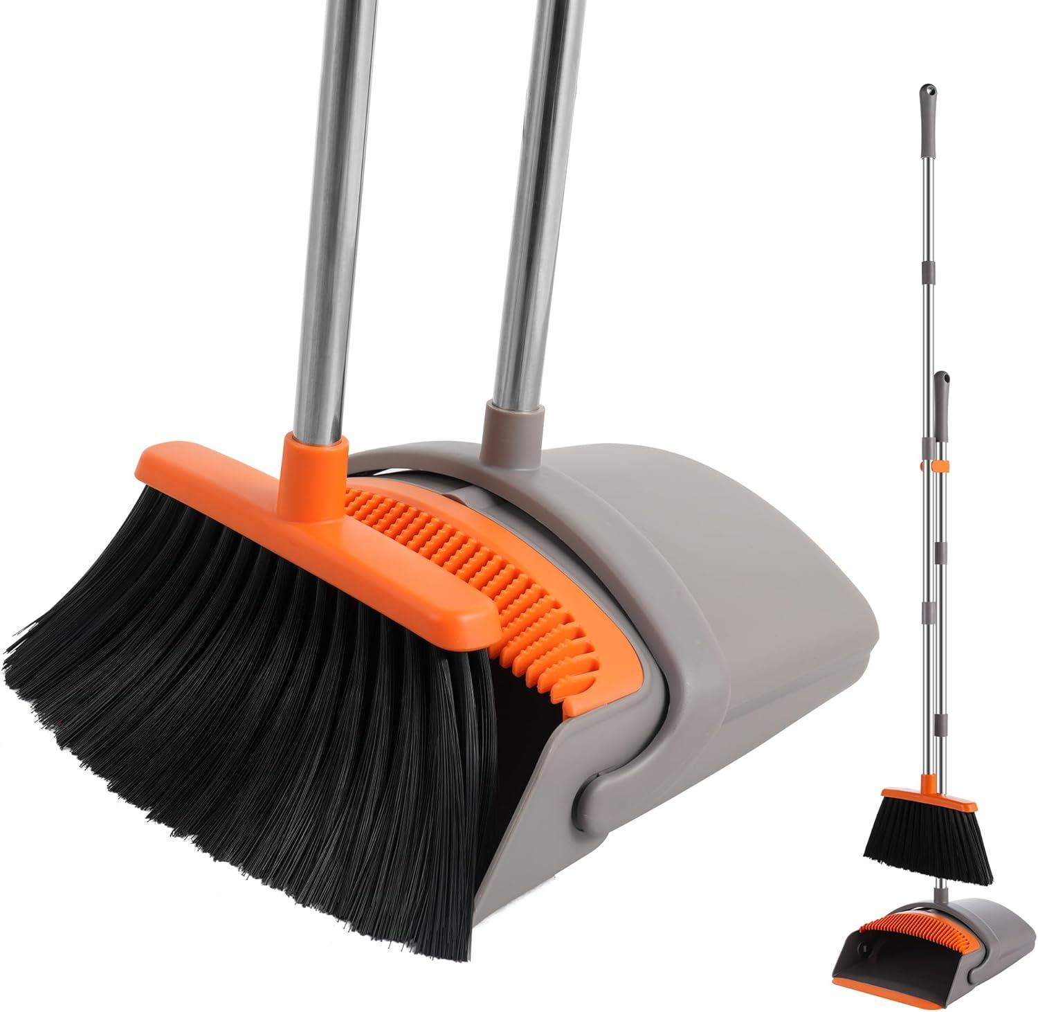 Adjustable Stainless Steel Broom and Dustpan Set with Orange Handle