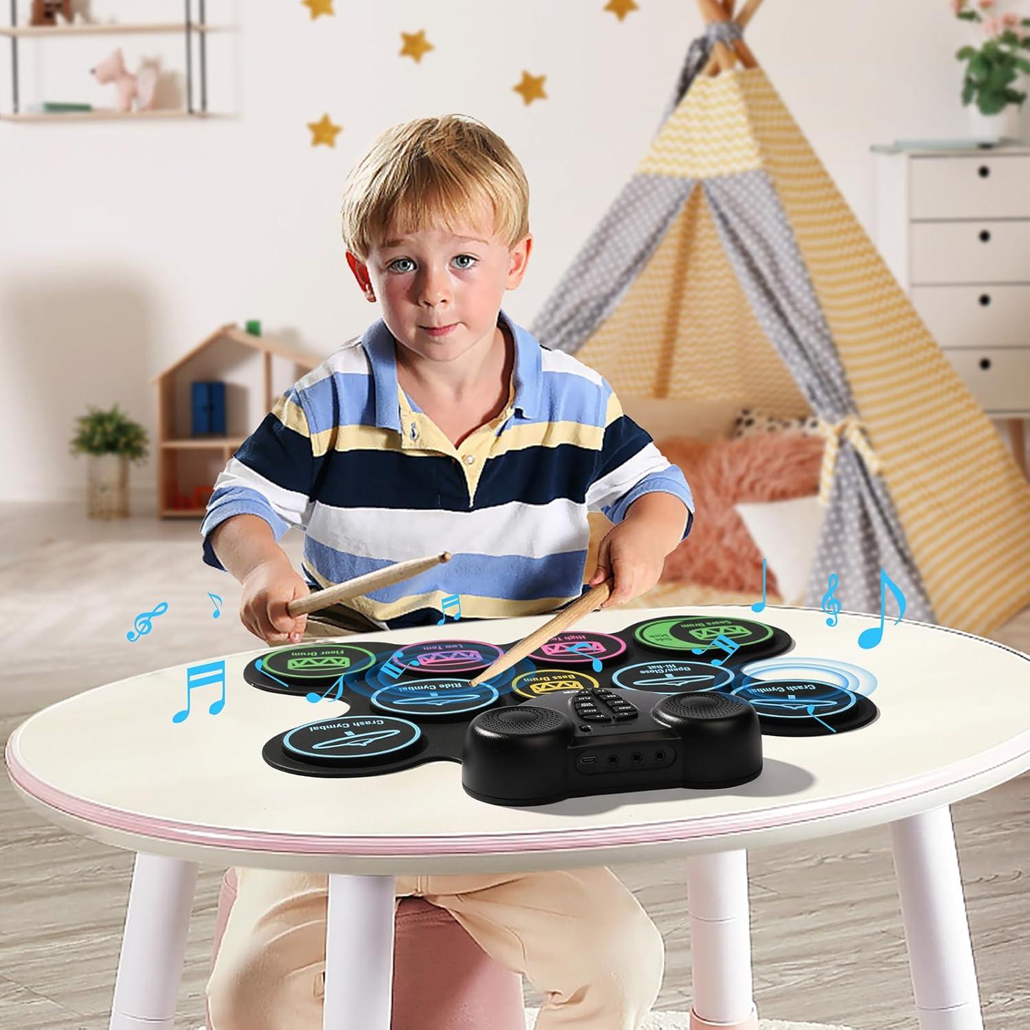 KFFKFF Electronic Drum Kit, Comprising 9 Pads, Compact Roll-up Practice Pad, Digital Drum Set with Headphone Outlet, Twin Pedals, Drum Rods, Integrated Dual Sound Systems, MIDI