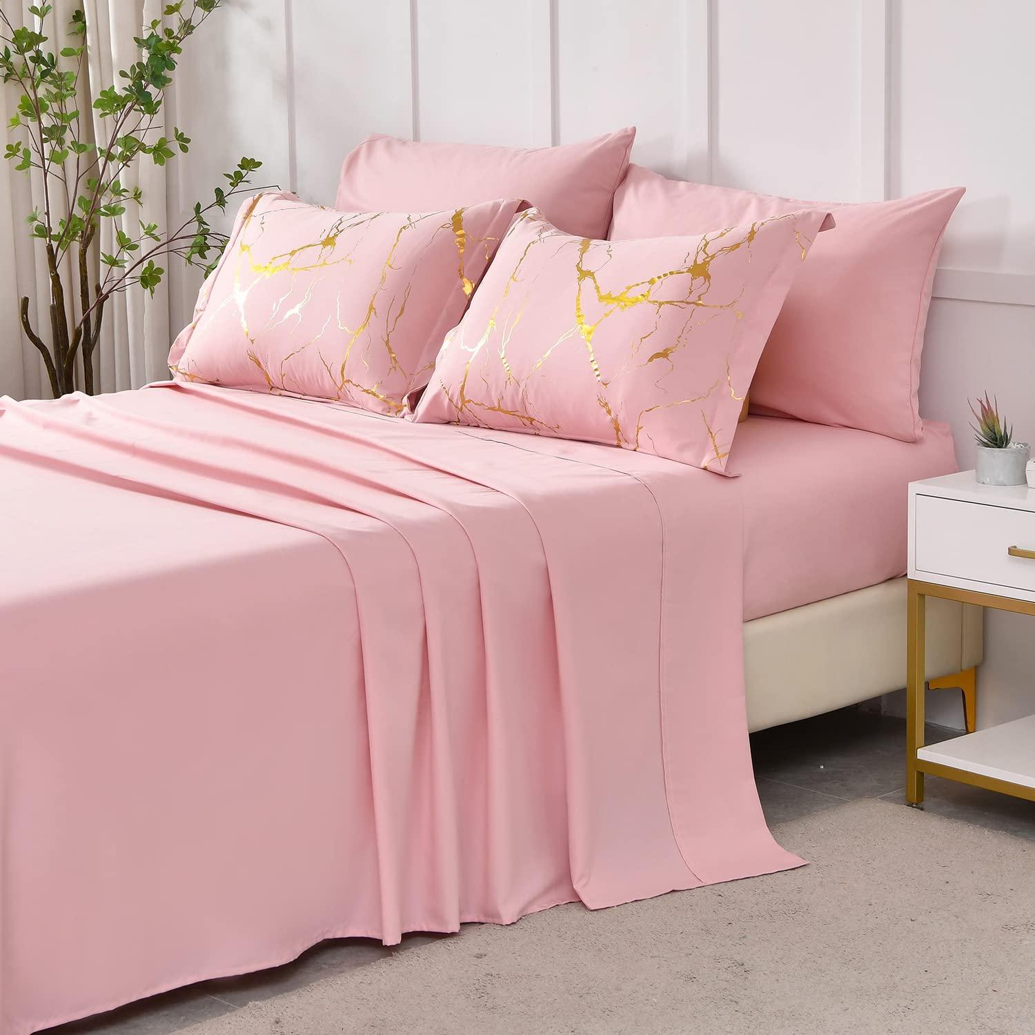 Yogeneg Gold Metallic Marble Comforter Set Queen Size,7 Piece Bed in a Bag,Foil Print Glitter Pink Comforter and Sheet Set,All Season Soft Microfiber Complete Bedding Sets(Pink,Queen)