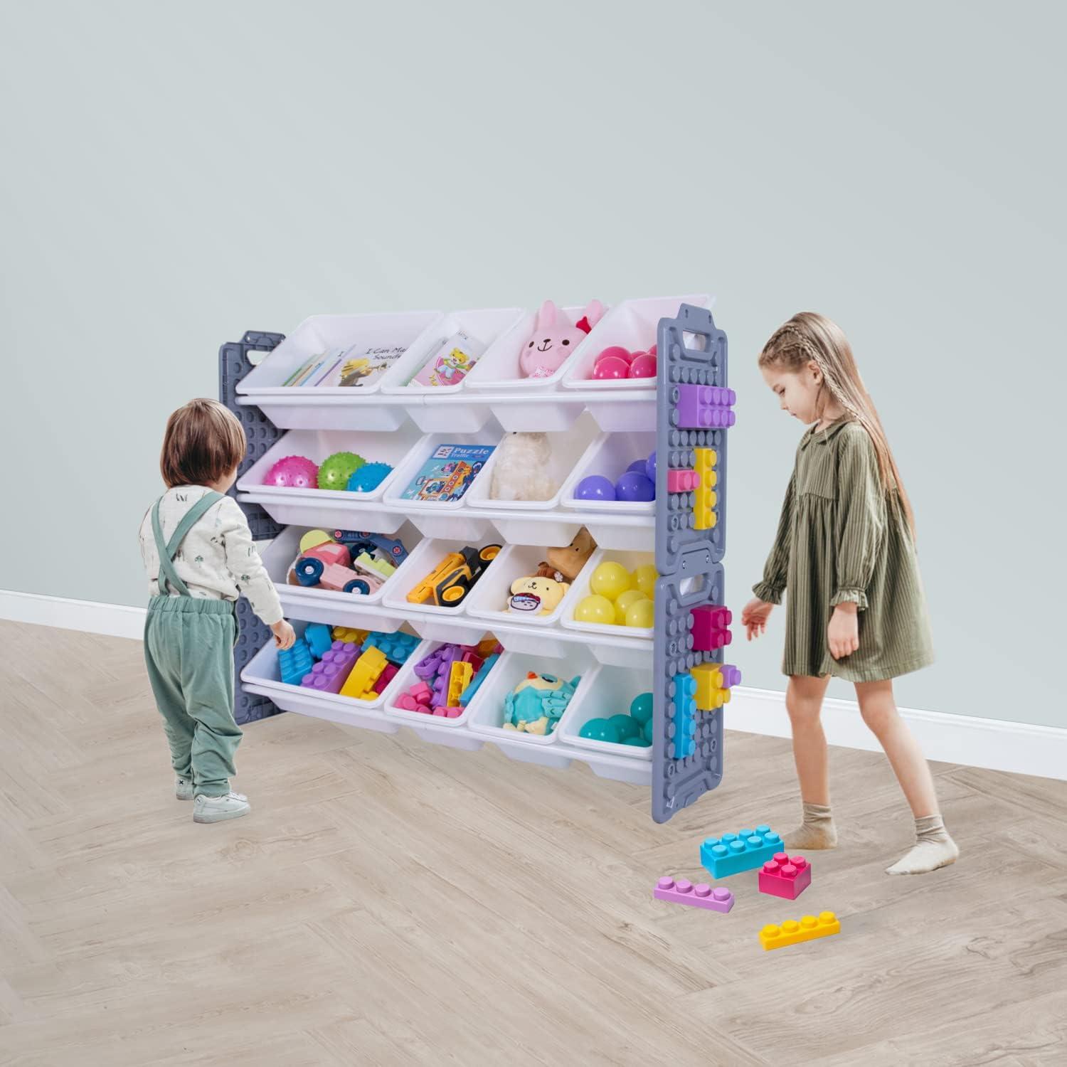 Gray and White Multi-Bin Toy Organizer with Play Panel