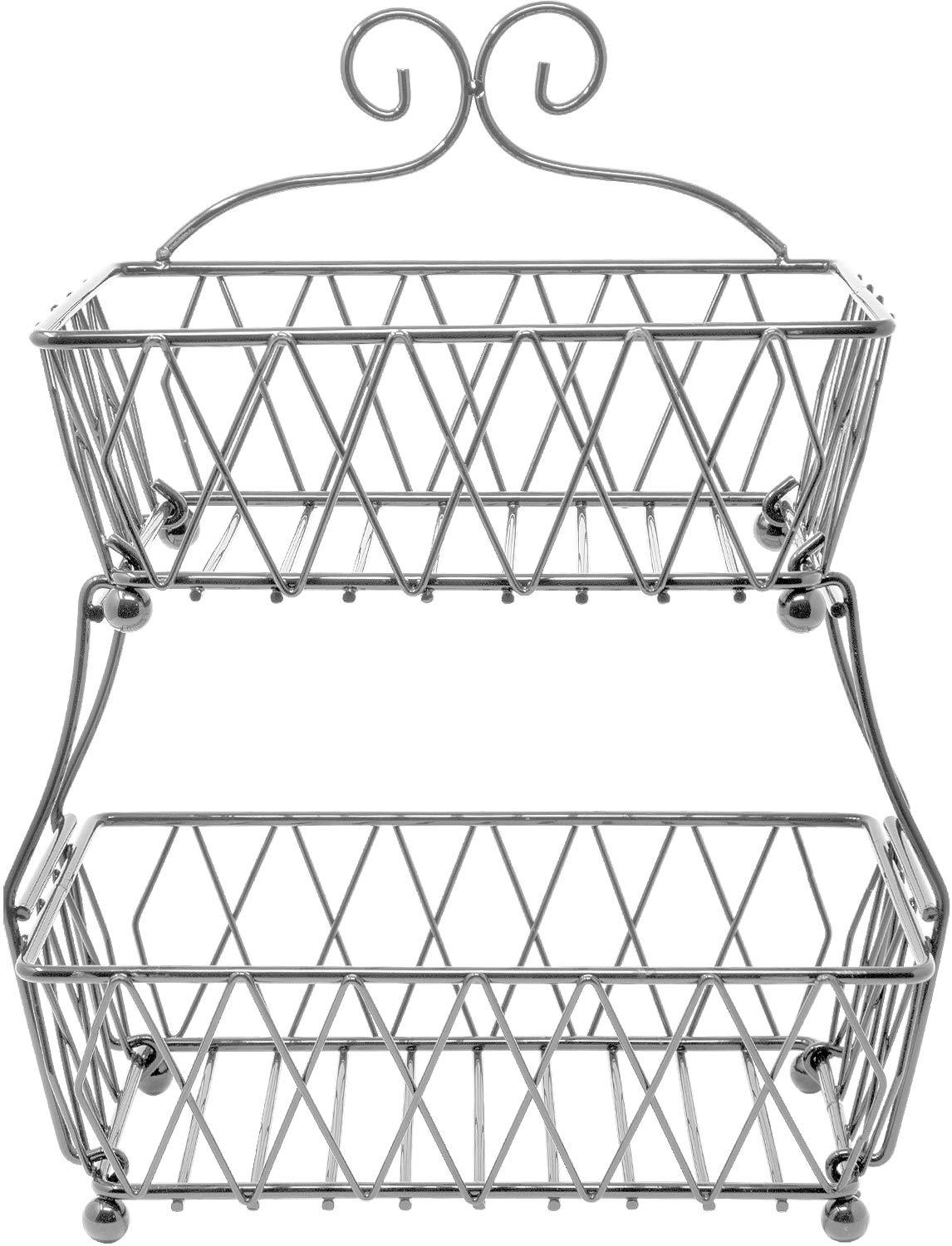 2-Tier Fruit Bread Basket Display Stand, Counter Storage for Kitchen, Bathroom, Rectangular Antique Metal