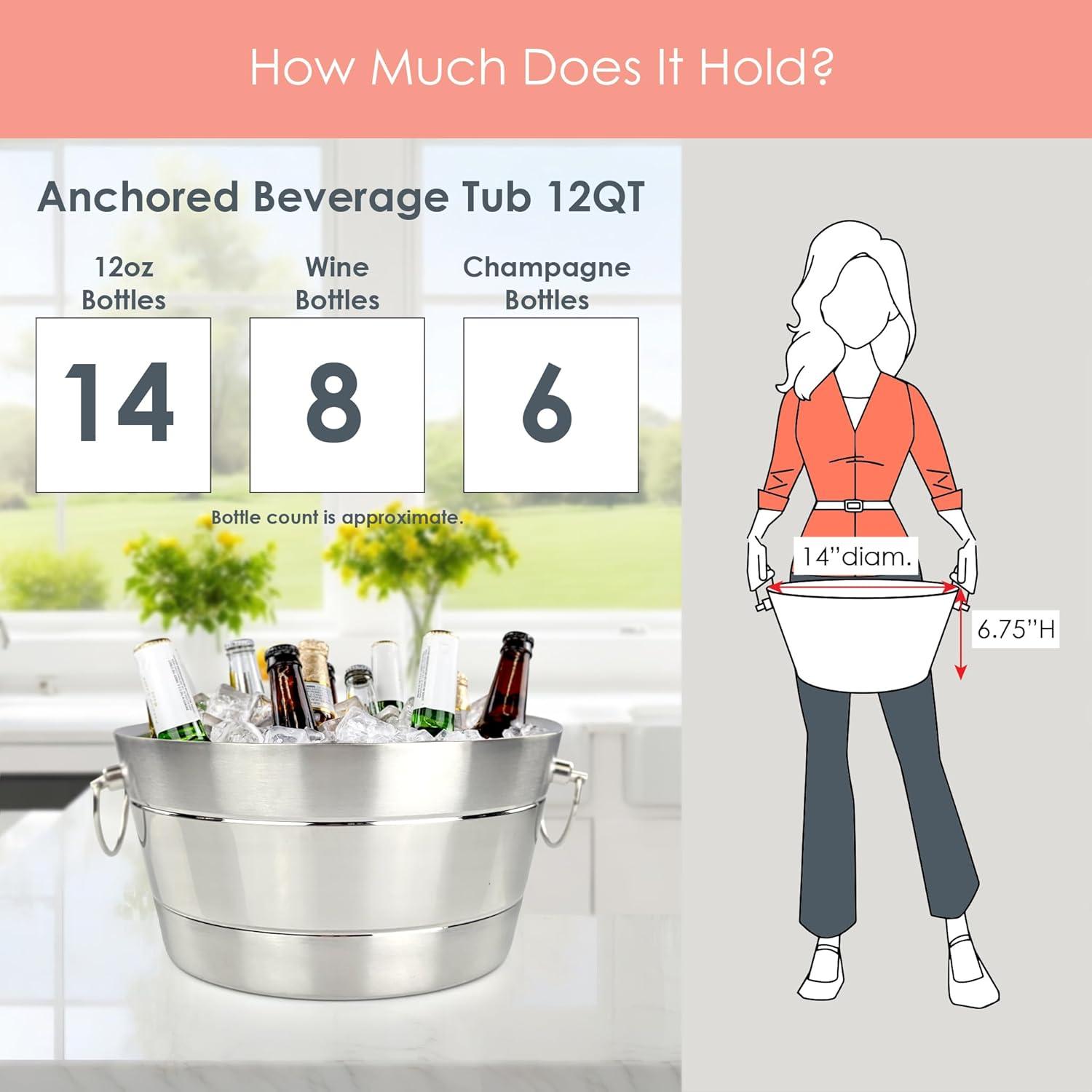 BREKX Anchored Ribbed Stainless-Steel Beverage Tub, Wine and Beer Bucket - 14"W x 6.75"H