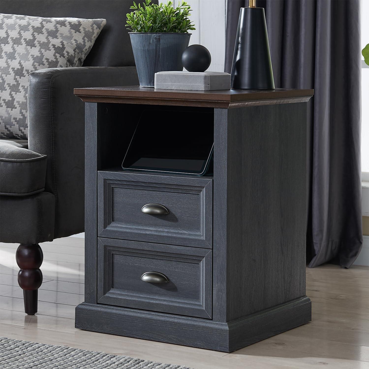 Dark Gray 2-Drawer Wood Nightstand with Charging Station