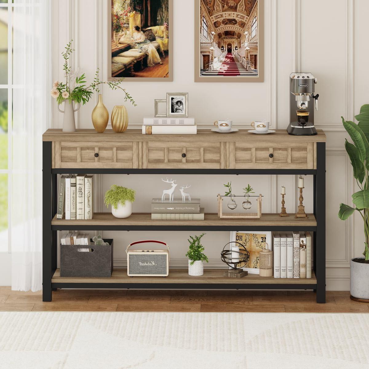 Industrial Rustic Oak Wood and Metal Console Table with Storage