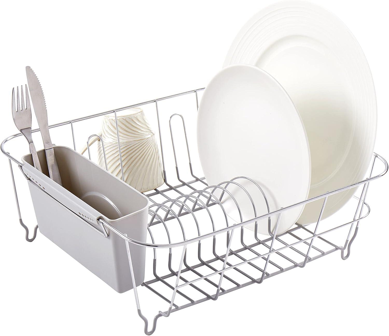 Sweet Home Collection Chrome Plated Steel 2-Piece Compact Dish Drainer with Utensil Caddy
