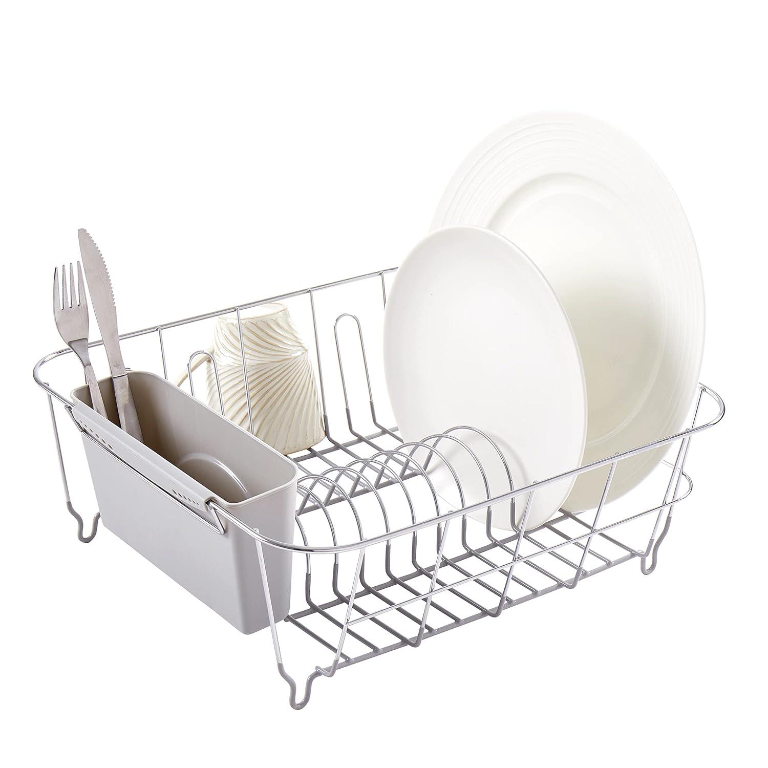 Sweet Home Collection Chrome Plated Steel 2-Piece Compact Dish Drainer with Utensil Caddy