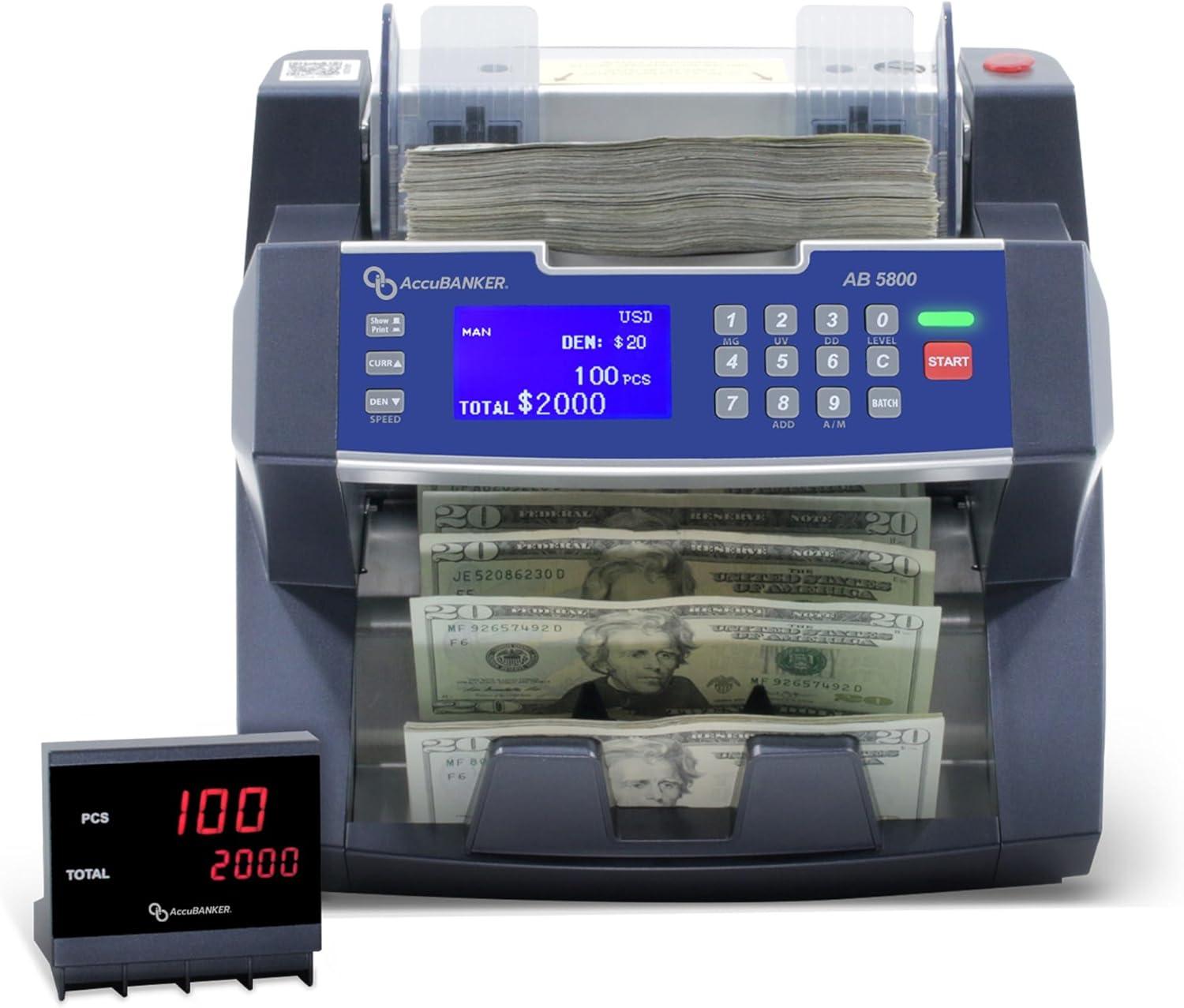 AccuBANKER AB5800 Bank Grade Batch Value Bill Counter Multi Currency Money Counter Machine with Total Value Per Denomination, 3-Point Counterfeit Detector MG UV, Hopper Capacity 300 Bills, UL Listed