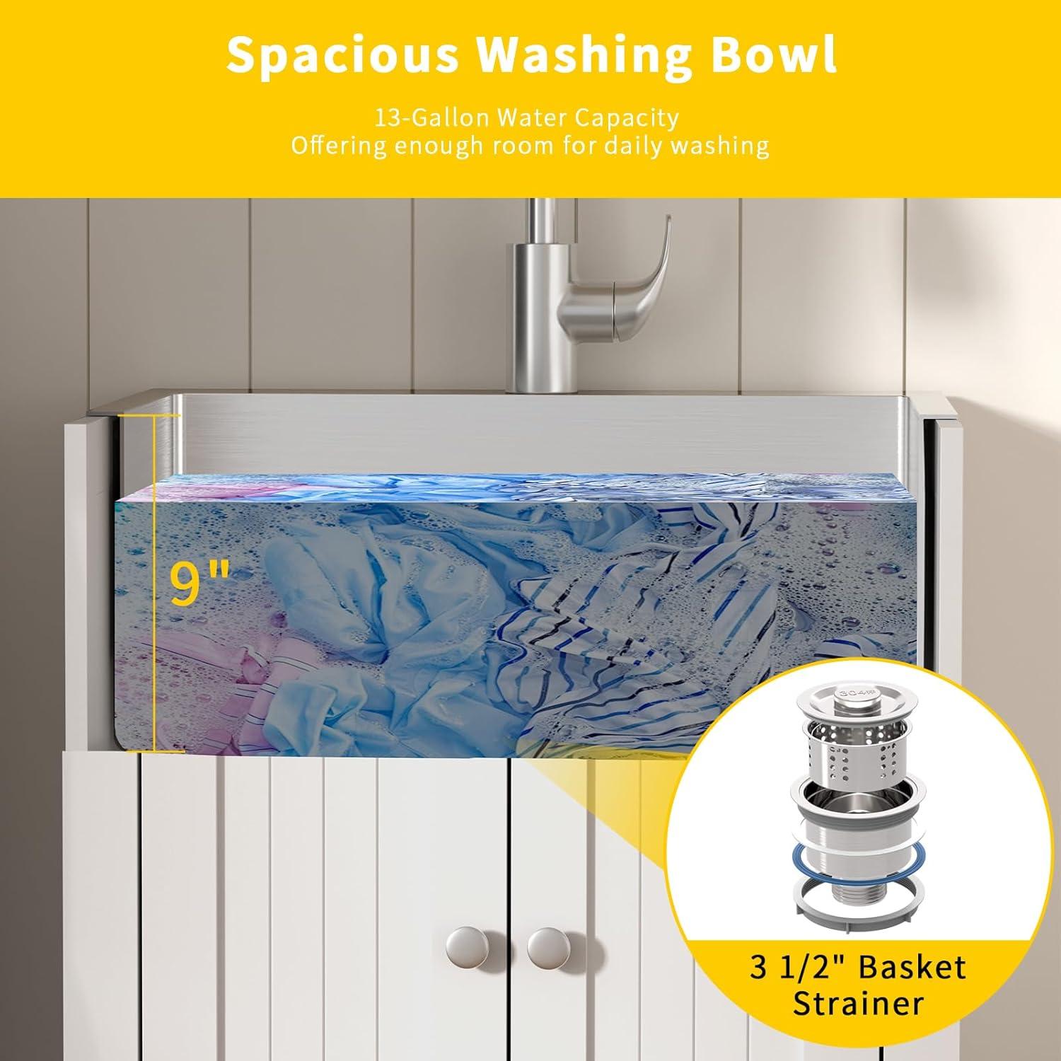 VINGLI 24-Inch Laundry Sink with Cabinet, Stainless Steel Sink with Pull-Out Sprayer Faucet White Cabinet Combo for Laundry Room, Utility Room, Bathroom and Kitchen