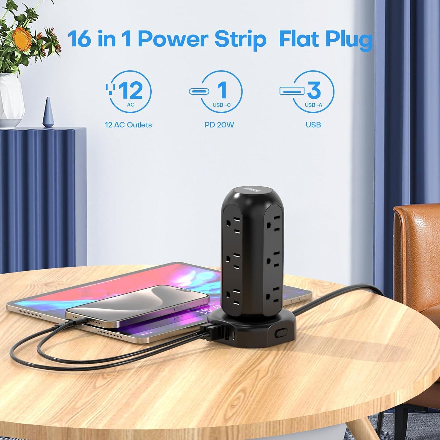 Surge Protector Power Strip Tower, 6.5ft Long Extension Cord with 4 USB (1-USB C) and 12 AC Multiple Outlets for Home Office Dorm Room