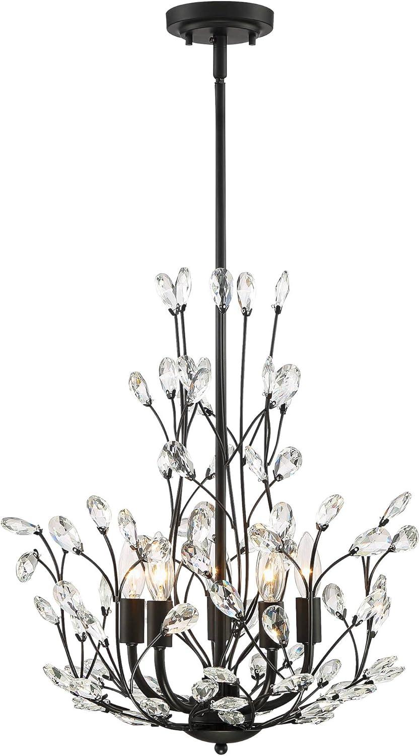 Regency Hill Aurine Matte Black Pendant Chandelier 18" Wide Modern Clear Crystal Glass Leaf 5-Light Fixture for Dining Room Foyer House Kitchen Island