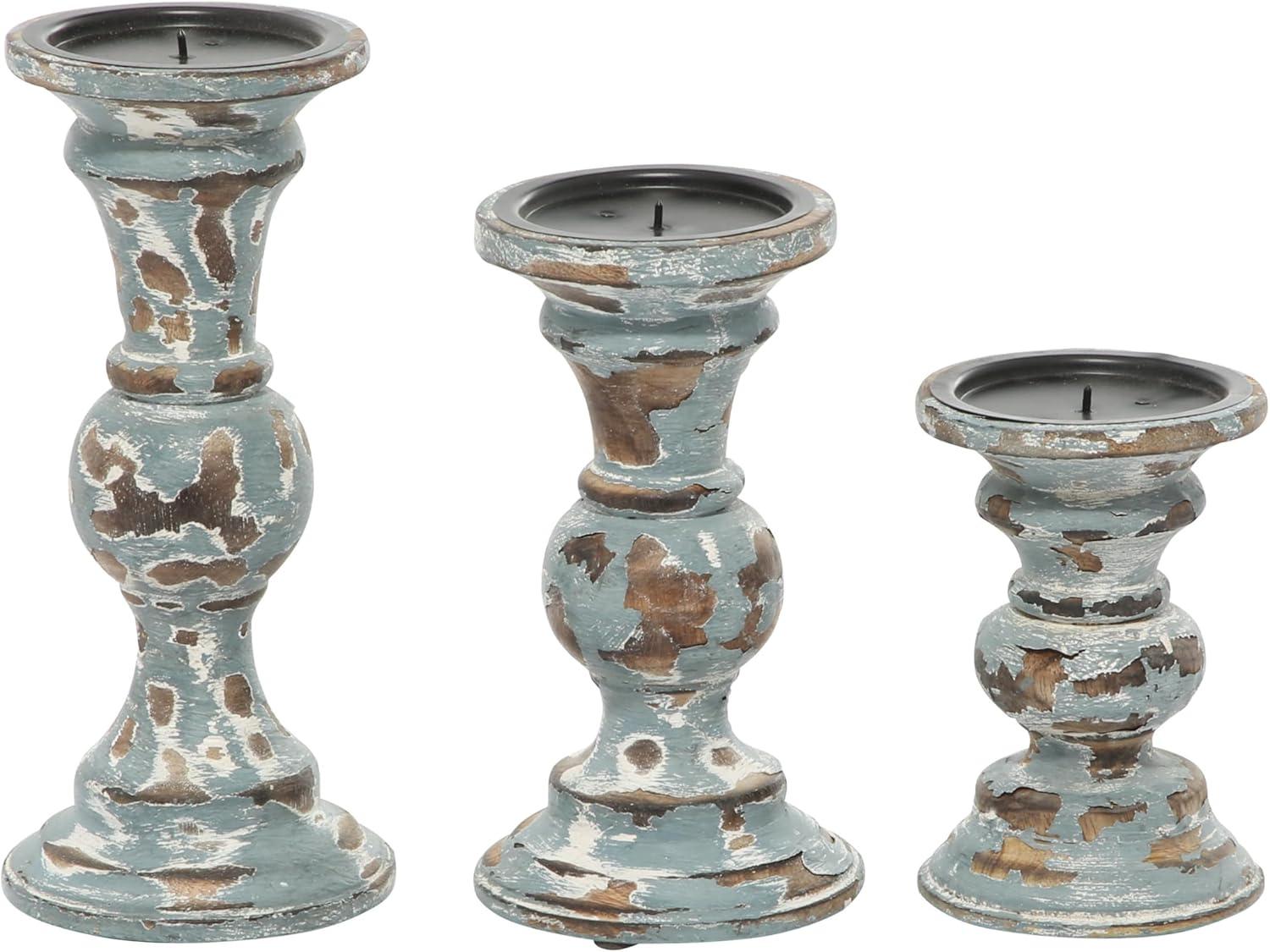 DecMode 3 Candle Light Blue Wood Candle Holder, Set of 3