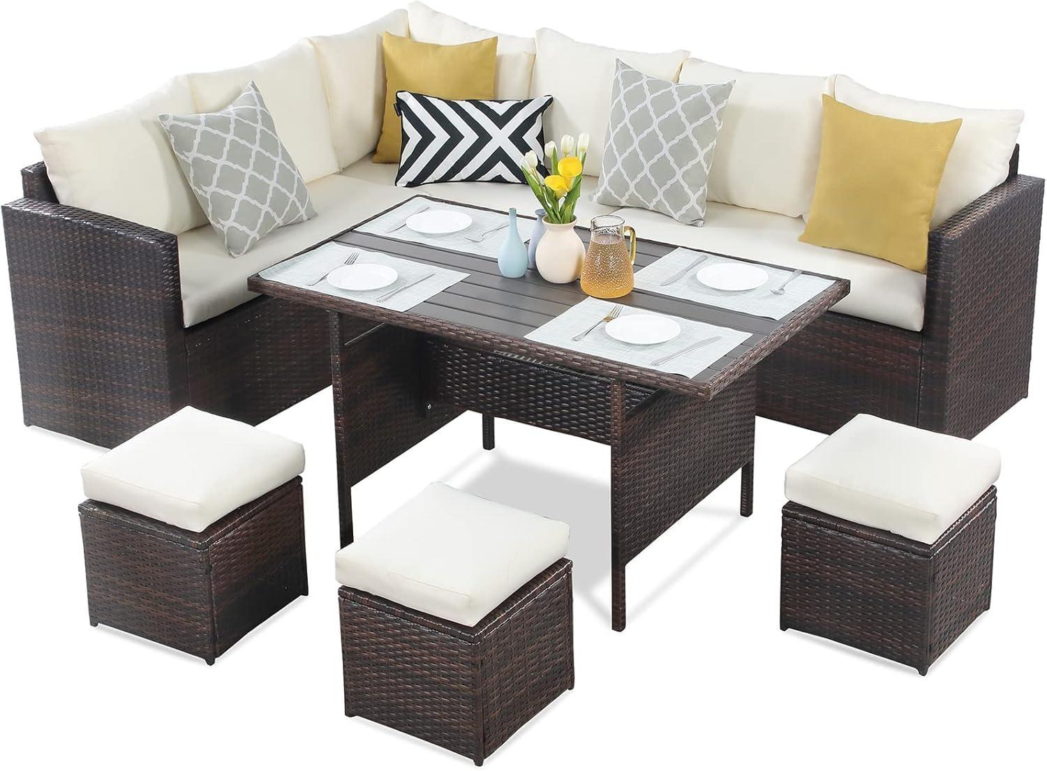 Wisteria Lane Patio Furniture Set, 7 Piece Outdoor Dining Sectional Sofa with Dining Table and Chair, All Weather Wicker Conversation Set with Ottoman, Brown