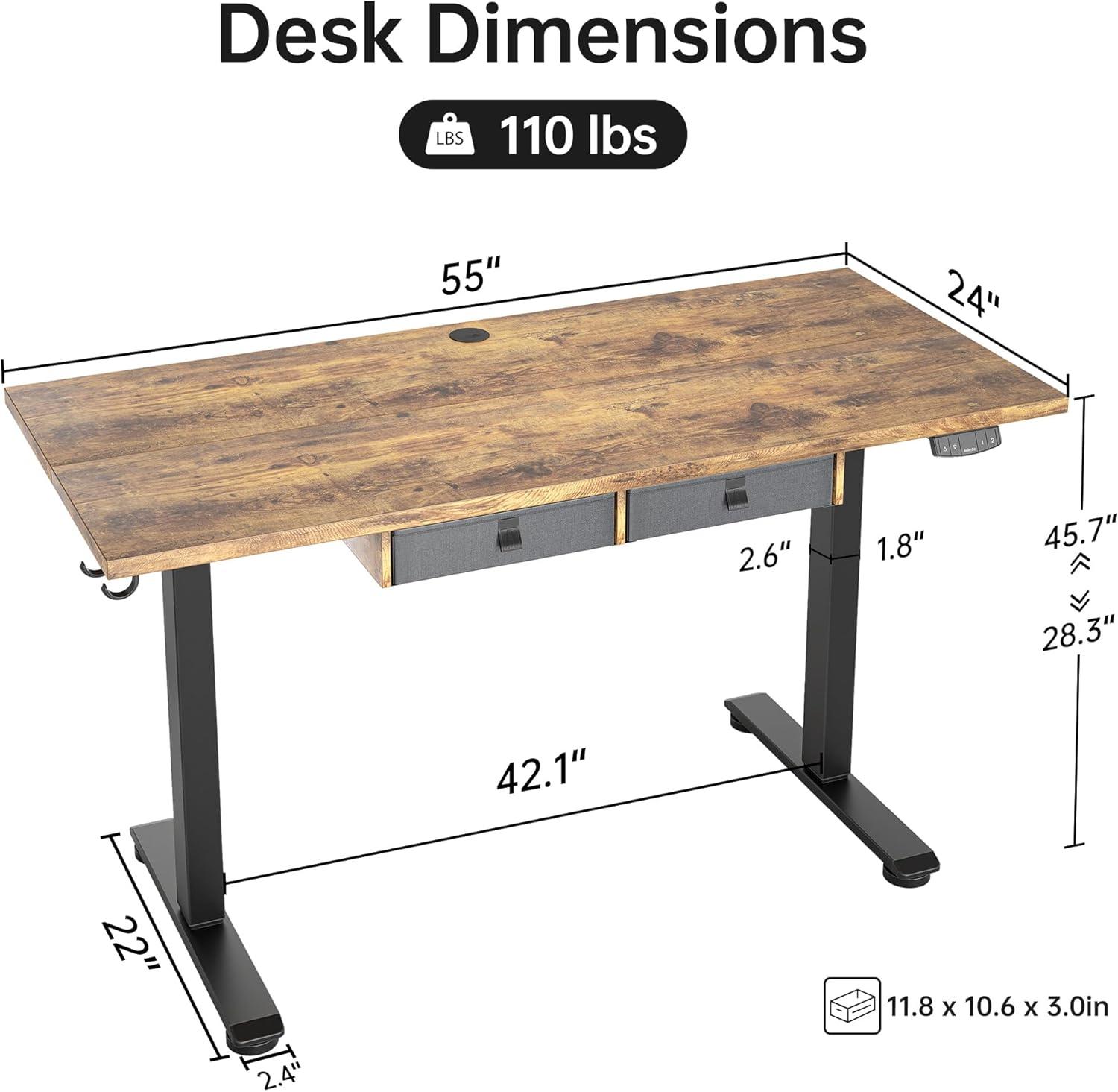 Rustic Brown Adjustable Height Standing Desk with Drawers and Shelf