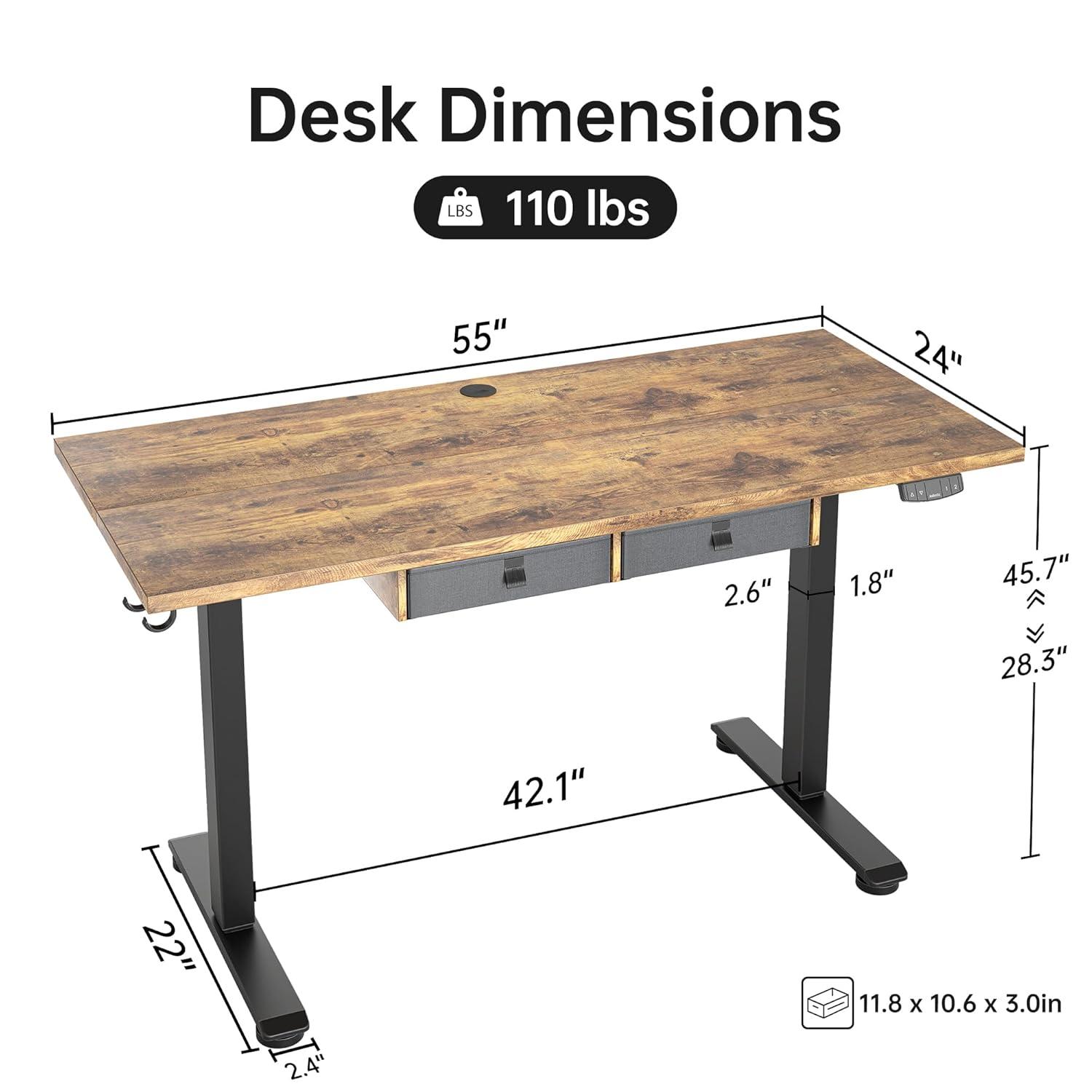 Agilestic Adjustable Height Electric Standing Desk with Storage Wooden Drawer, 55 x 24 Inches Stand Up Home Office Computer Gaming Table for Work Office Home, Rustic Brown