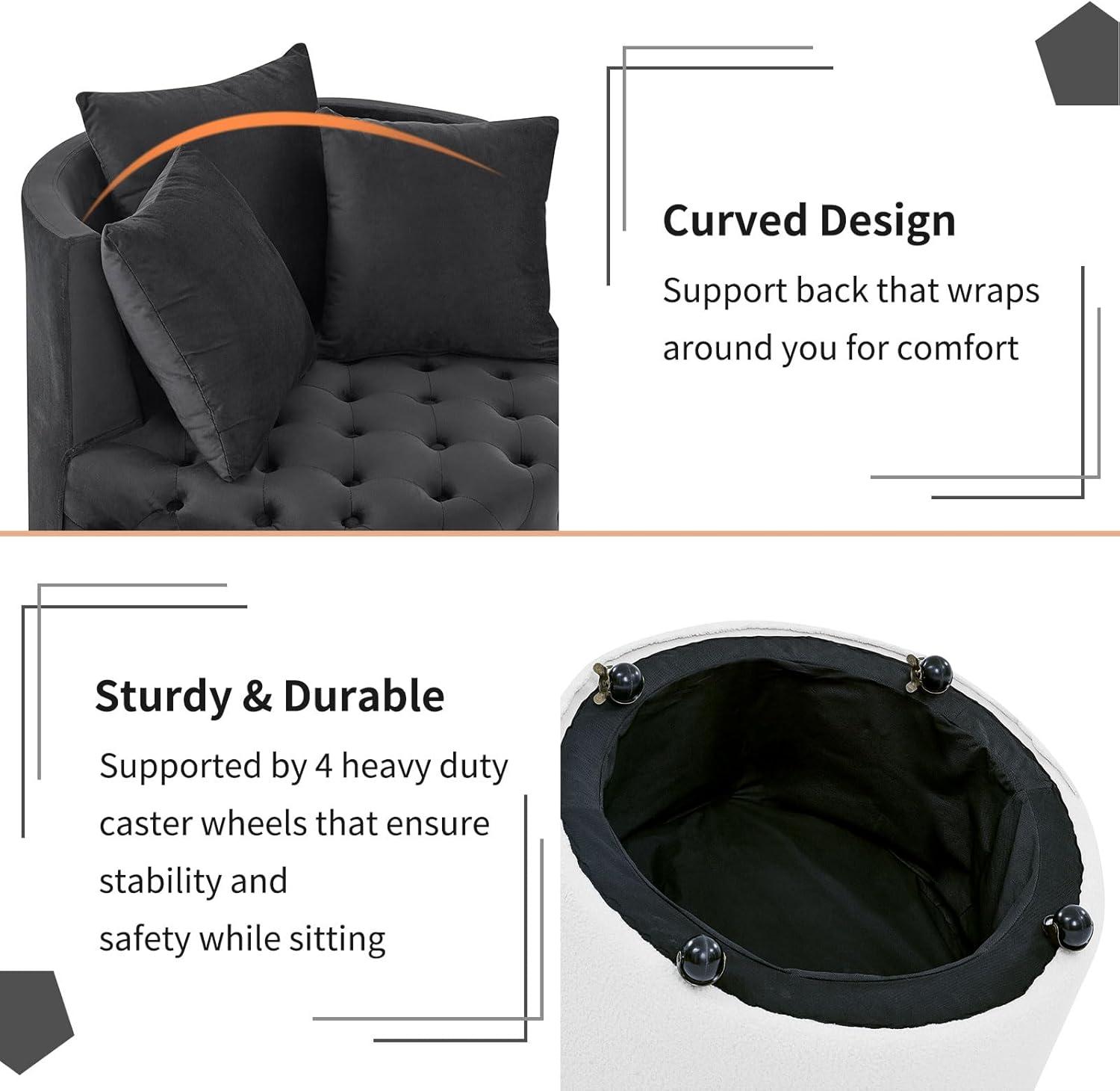 Swivel Barrel Accent Chair, 30in Modern Velvet Round Sofa Chair with 3 Pillows and Wheels, Comfy Tufted Club Lounge Chair for Living Room, Bedroom(Beige)
