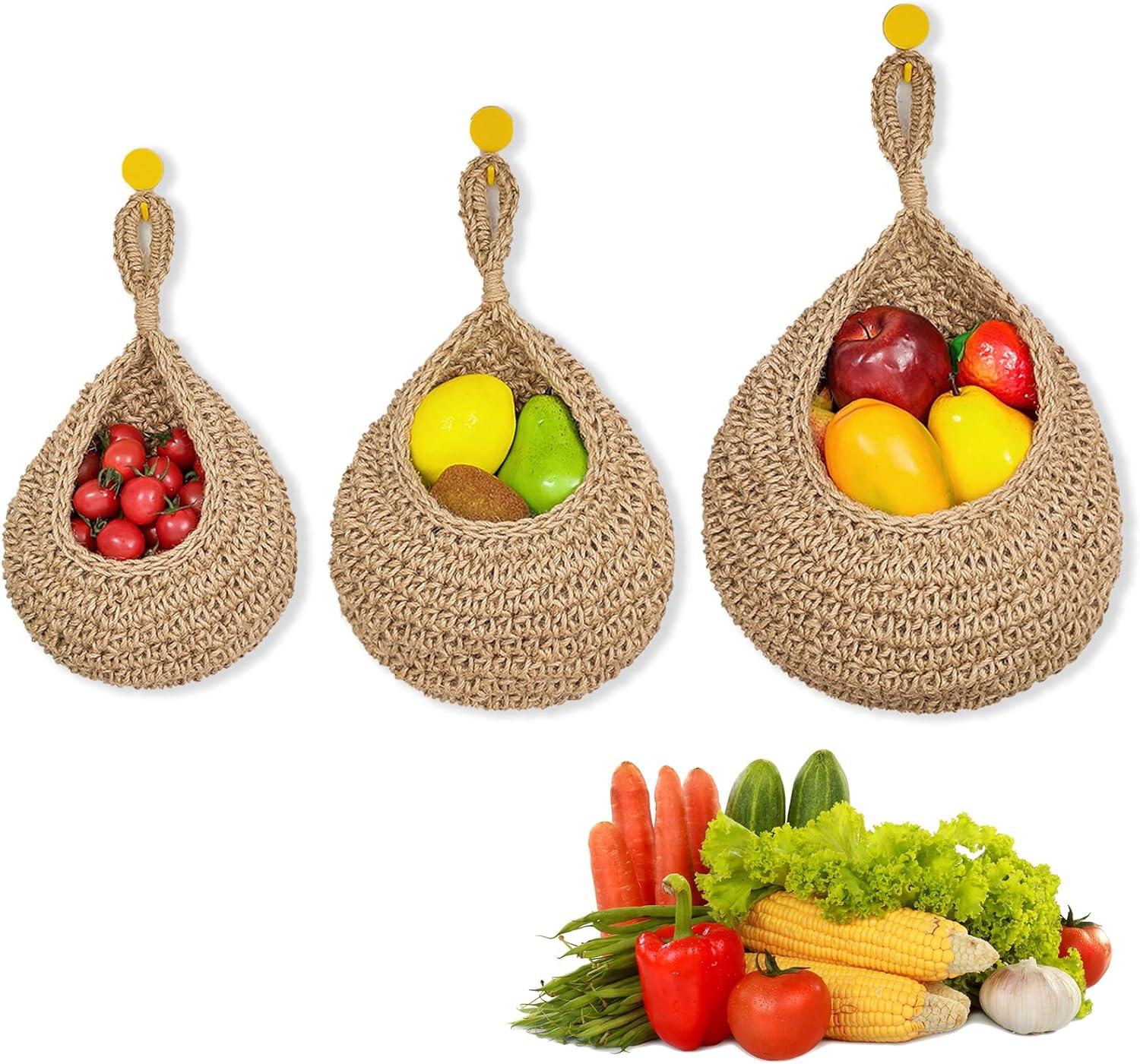 Hanging Fruit Baskets For Kitchen, 3 Pack Wall Hanging Fruit Baskets Boho Hanging Wall Basket, Hanging Kitchen Baskets For Fruits, Vegetables And Onion Storage (Set of 3)