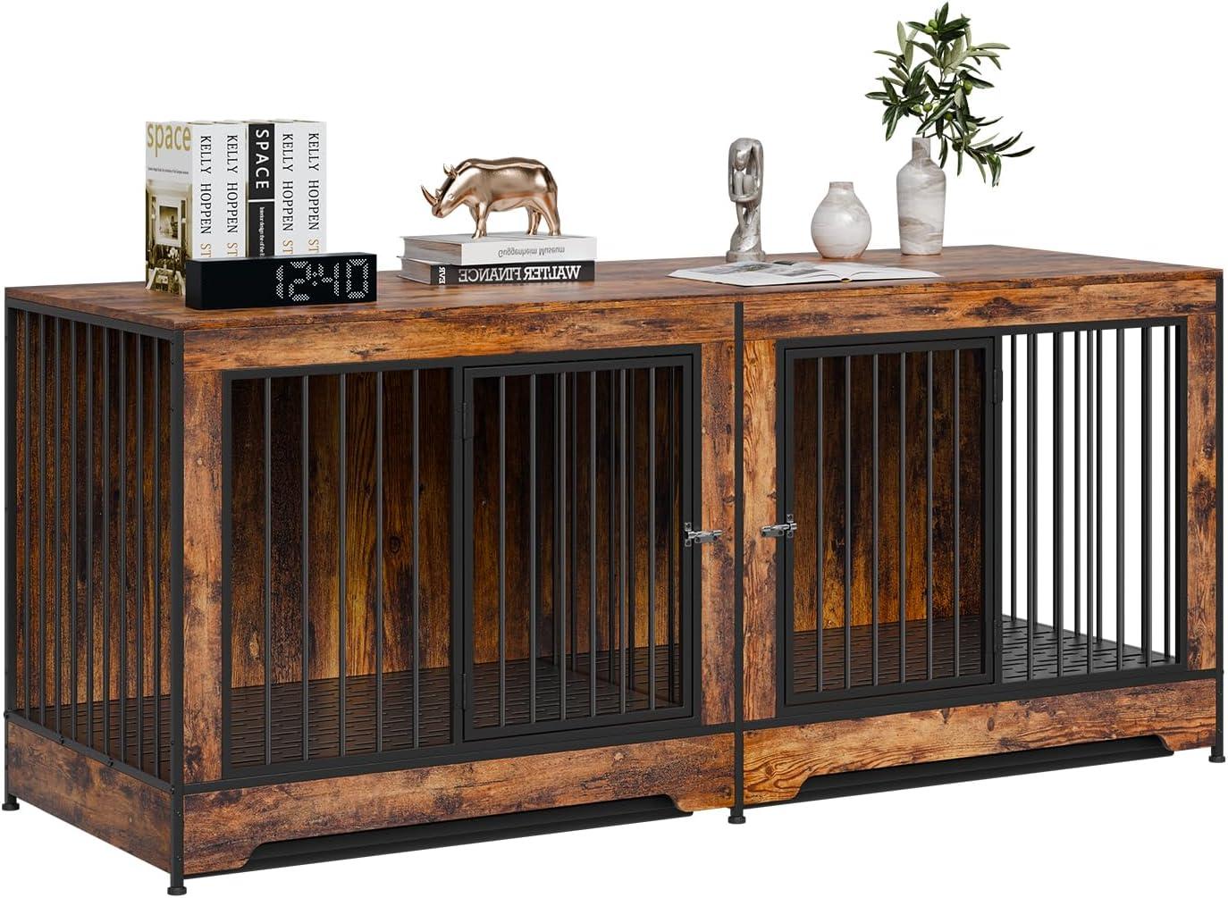 VEVOR 72"Dog Crate Furniture for 2 Dogs,Double Dog Crate Furniture with Double Sliding Doors,Large Dog Crate TV Stand with Removable Tray,Steel Frame Double Dog Crate for Small,Medium,Large Dogs White