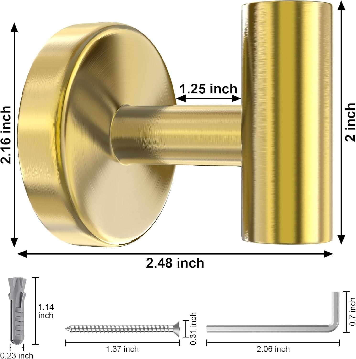 Brushed Gold Stainless Steel Wall Mounted Towel Hooks, 6-Pack