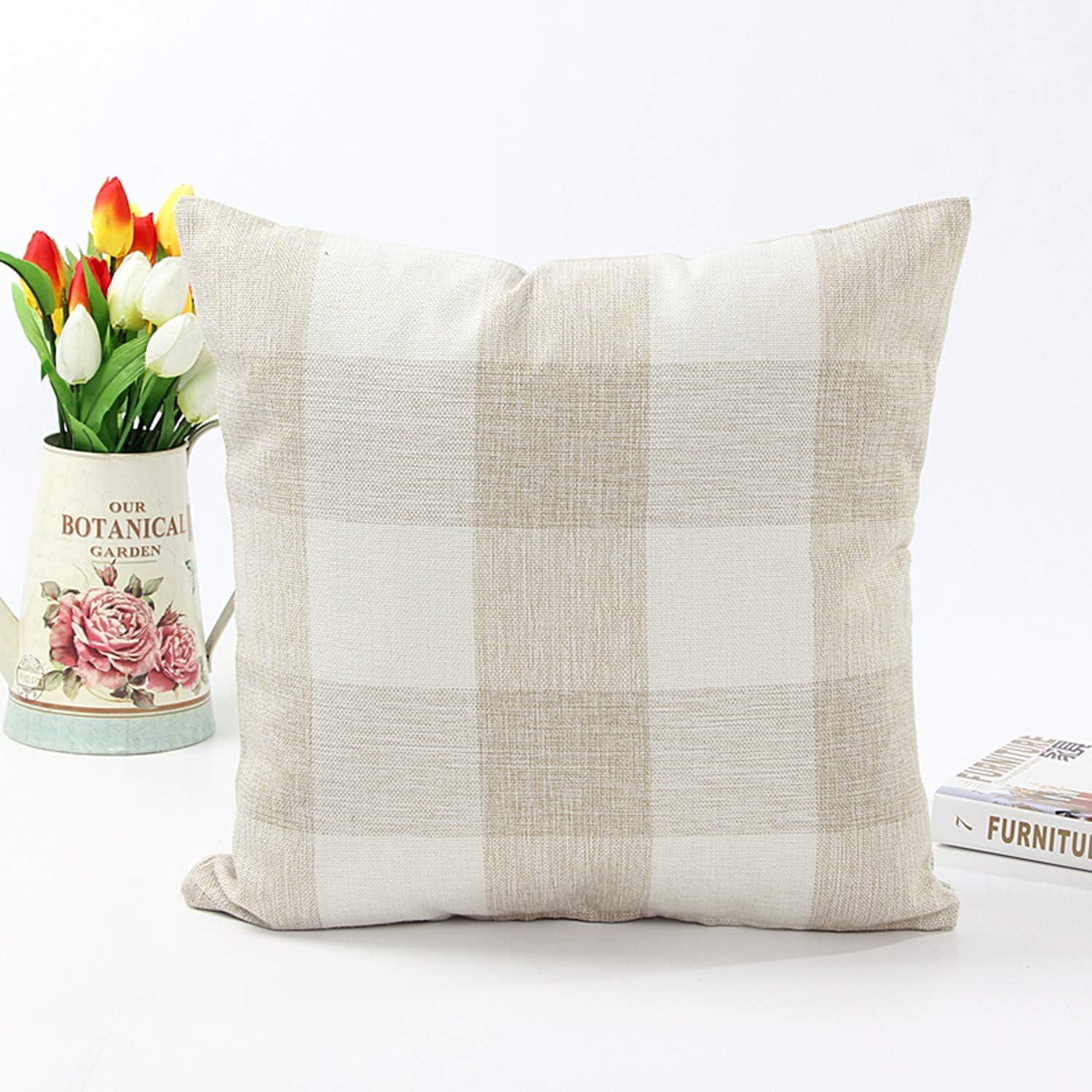 Jiuhong Cotton Linen Throw Pillow Covers Farmhouse Decor Checkers Plaids Square Cushion Case Home Decorative for Sofa Bedroom Car, 2 Pack (Beige, 18 x 18 Inch)