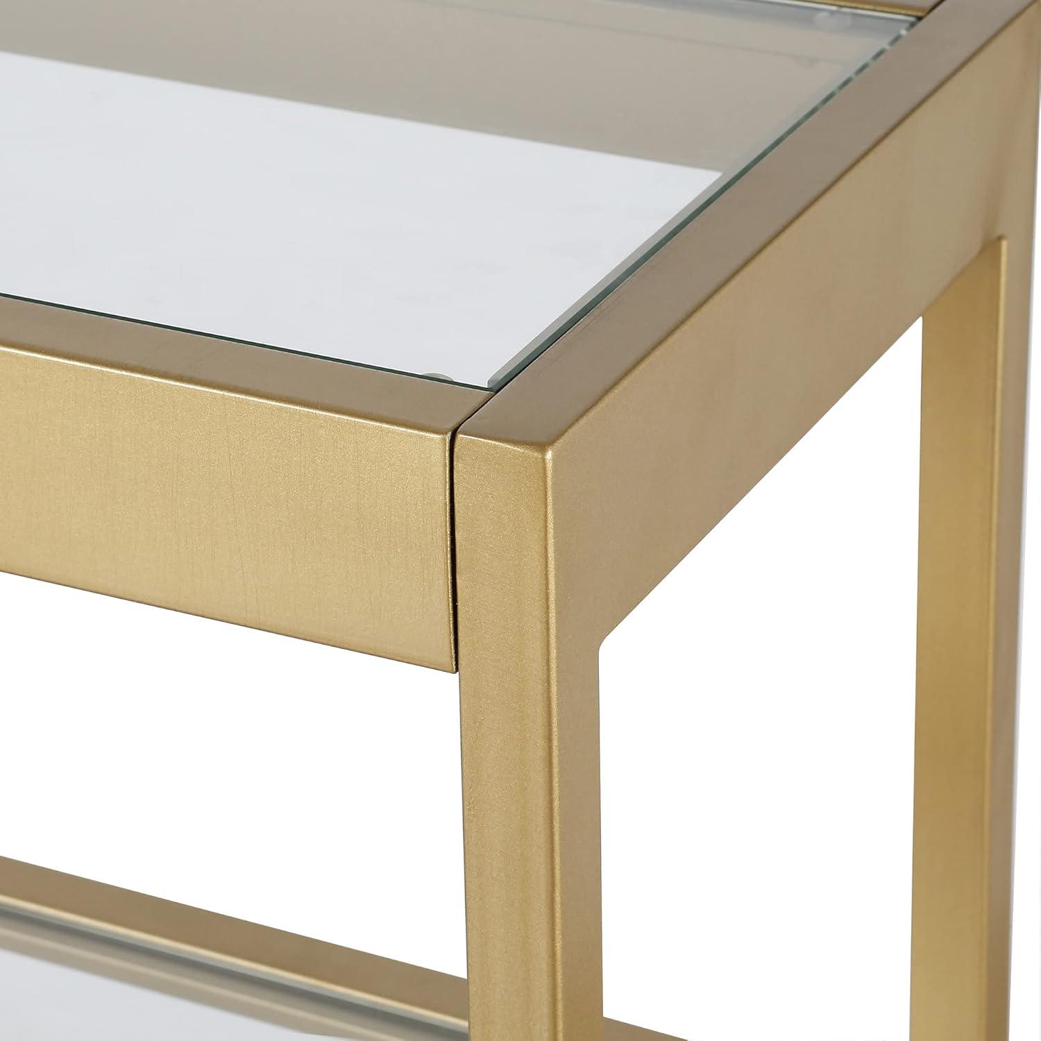 55-Inch Brass Metal and Glass Console Table with Storage