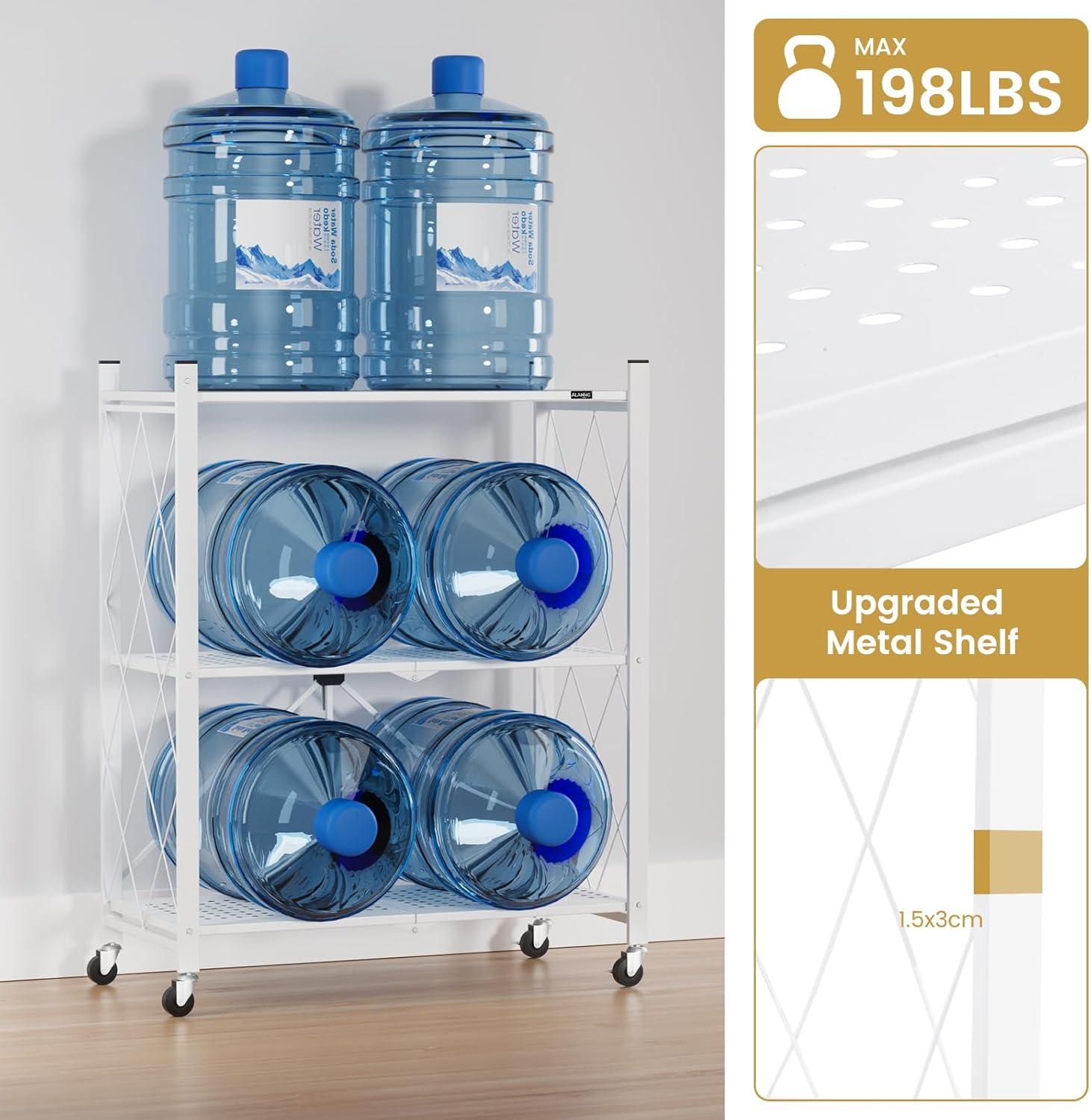 3-Tier Storage Shelves with Wheels, Folding Bookshelf No Assembly, Metal Display Shelf for Balcony, Kitchen, Basement, Pantry, White