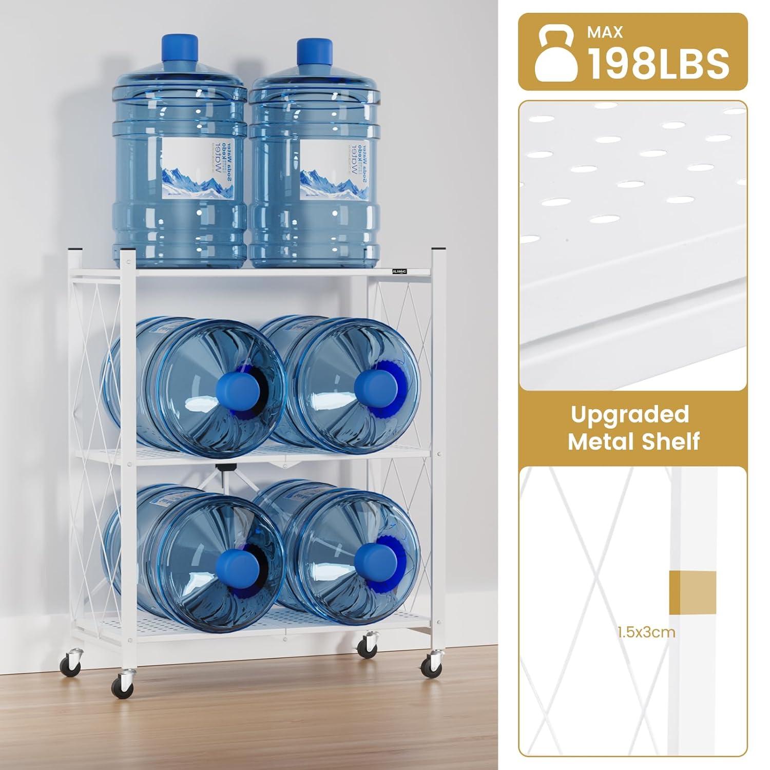 3-Tier Storage Shelves with Wheels, Folding Bookshelf No Assembly, Metal Display Shelf for Balcony, Kitchen, Basement, Pantry, White